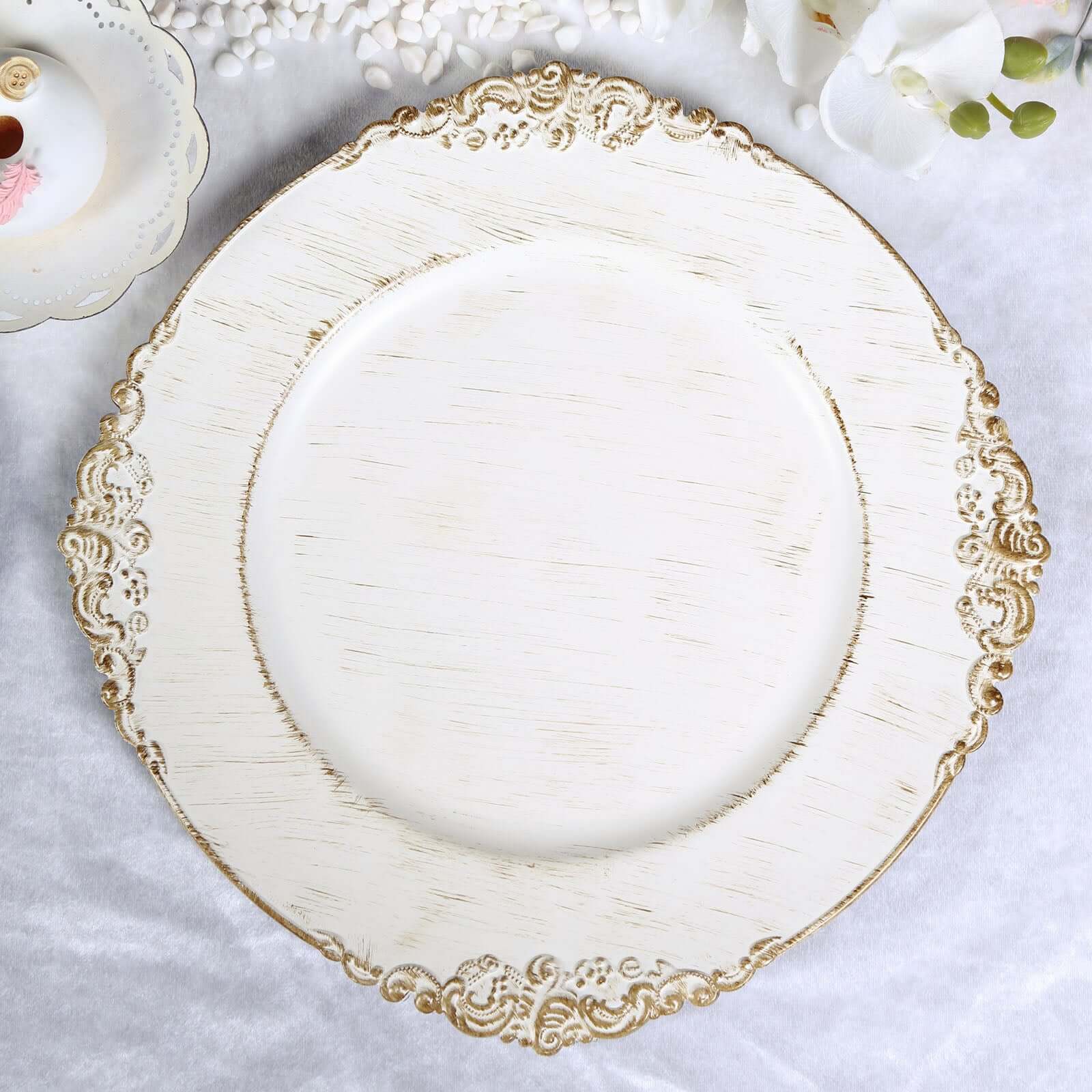 6 Pack 13" White Washed Gold Embossed Baroque Charger Plates, Round With Antique Design Rim Pro Linens