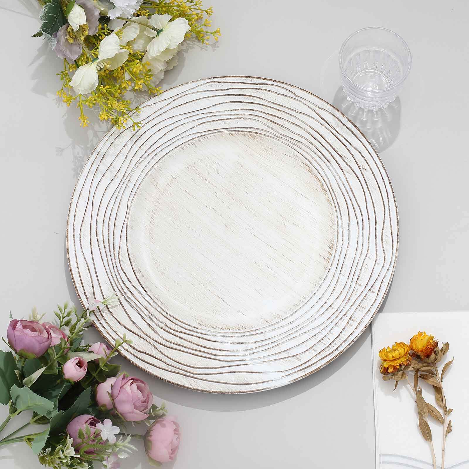 6 Pack 13" White Washed Rose Embossed Faux Wood Plastic Charger Plates, Round Disposable Dinner Serving Trays Pro Linens