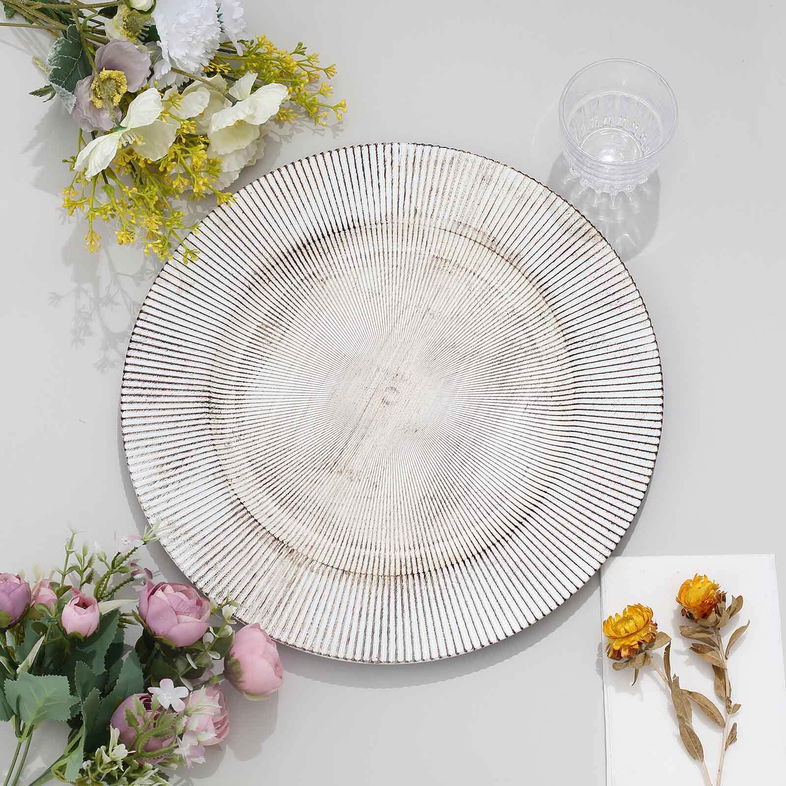 6 Pack 13" White Washed Sunray Rim Faux Wood Plastic Charger Plates, Round Disposable Dinner Serving Trays Pro Linens