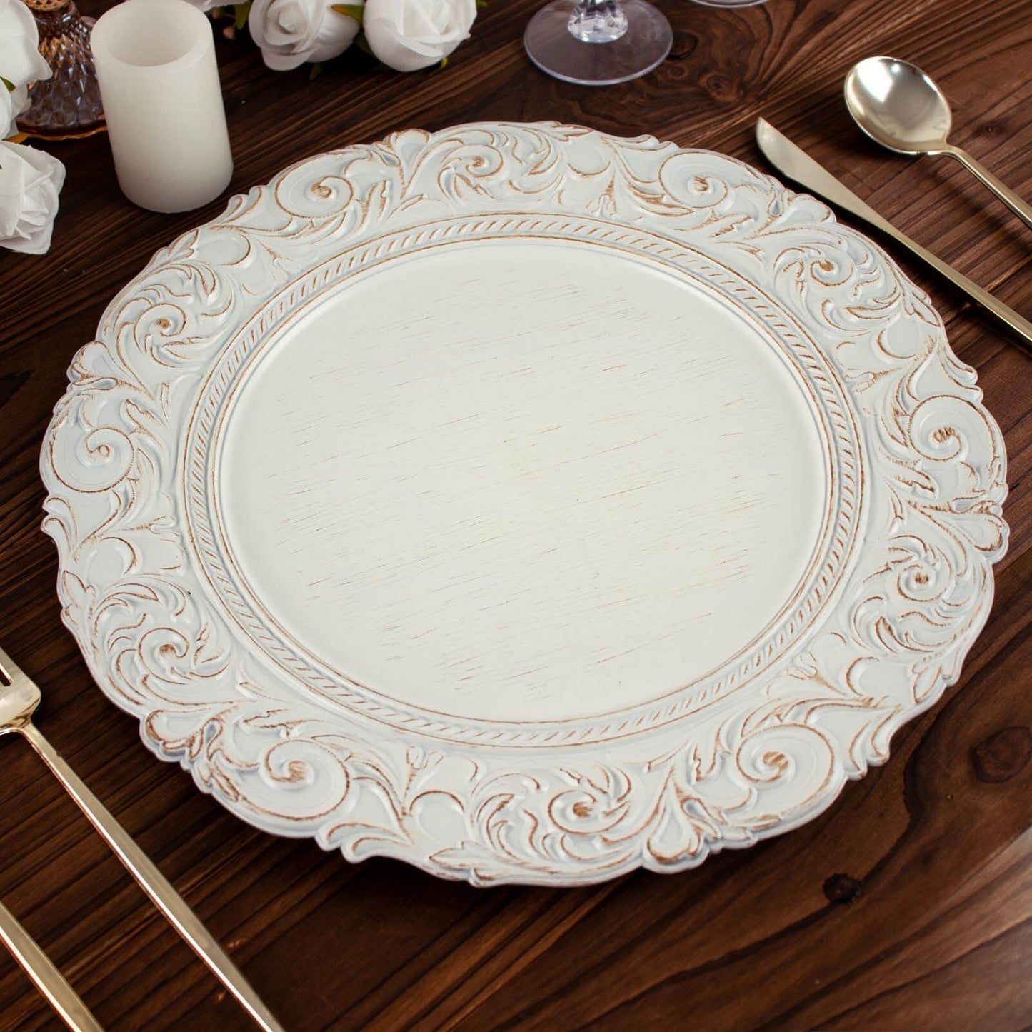 6 Pack 14" Antique White Gold Vintage Acrylic Charger Plates With Engraved Baroque Rim, Round Disposable Serving Trays Pro Linens