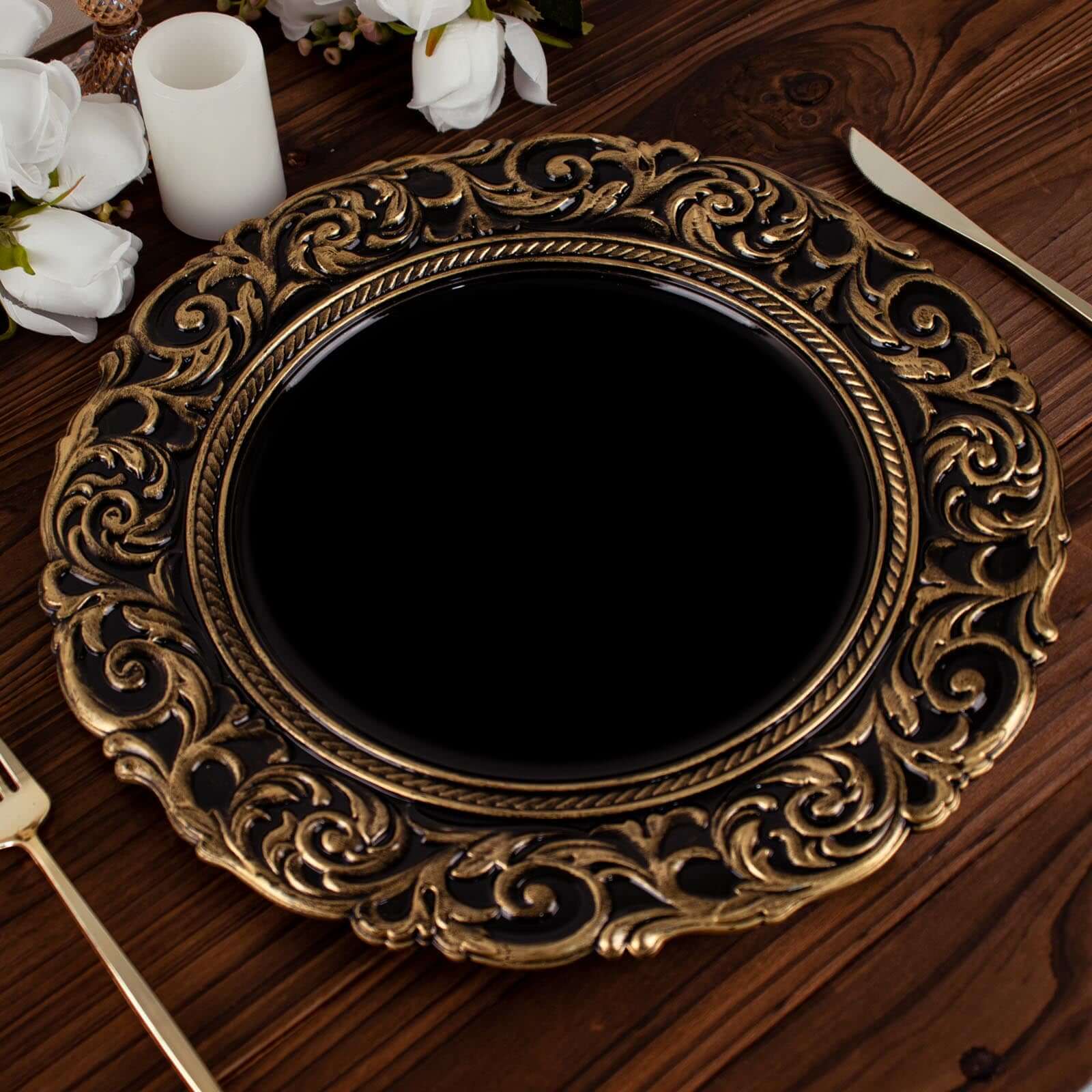 6 Pack 14" Black Gold Vintage Acrylic Charger Plates With Engraved Baroque Rim, Round Disposable Serving Trays Pro Linens