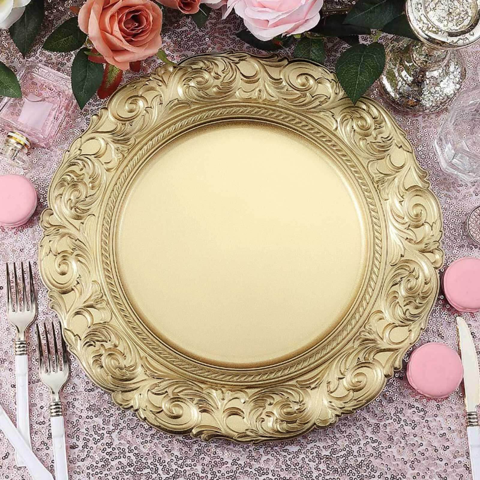 6 Pack 14" Gold Vintage Acrylic Charger Plates With Engraved Baroque Rim, Round Disposable Serving Trays Pro Linens