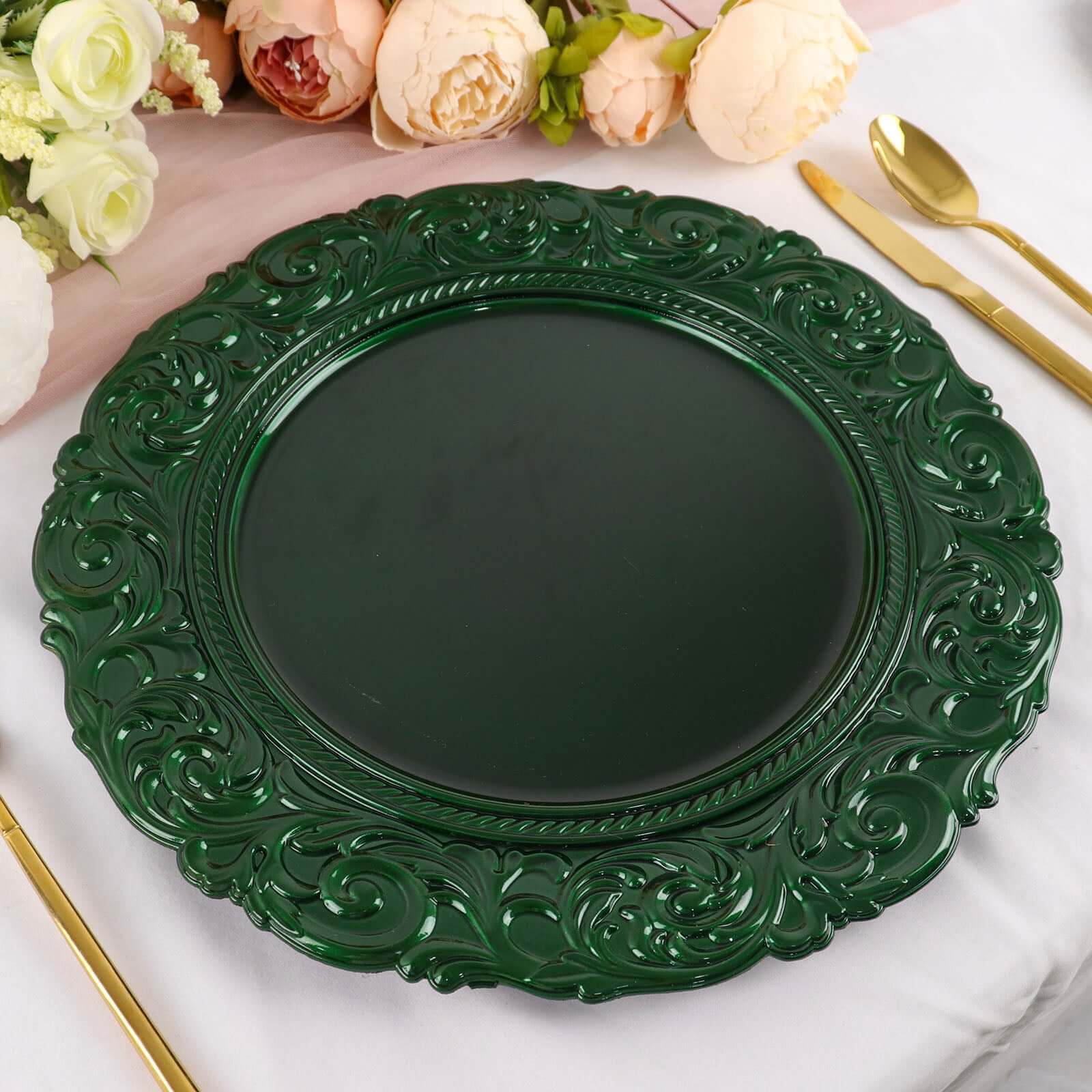 6 Pack 14" Hunter Emerald Green Vintage Acrylic Charger Plates With Engraved Baroque Rim, Round Disposable Serving Trays Pro Linens