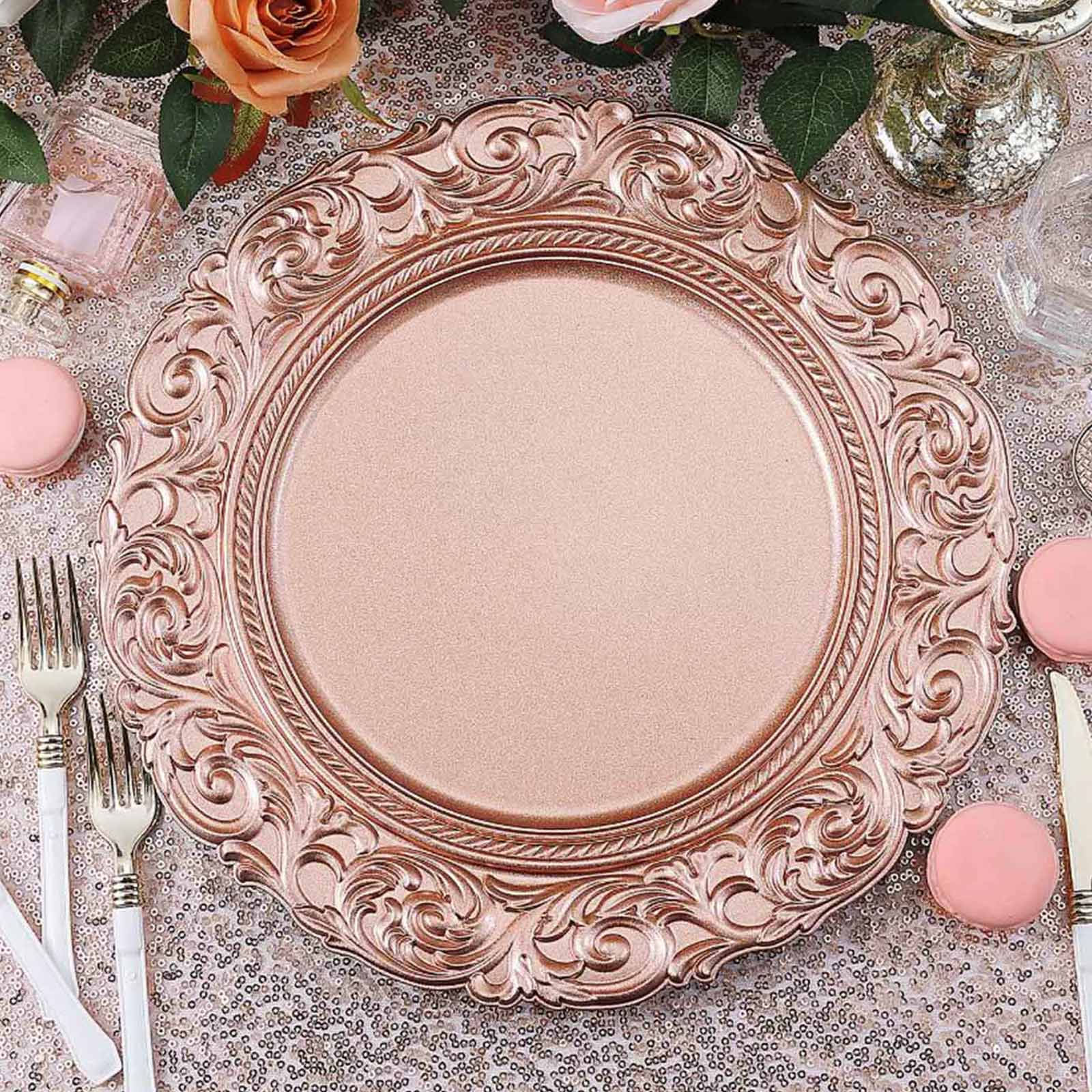 6 Pack 14" Rose Gold Vintage Acrylic Charger Plates With Engraved Baroque Rim, Round Disposable Serving Trays Pro Linens