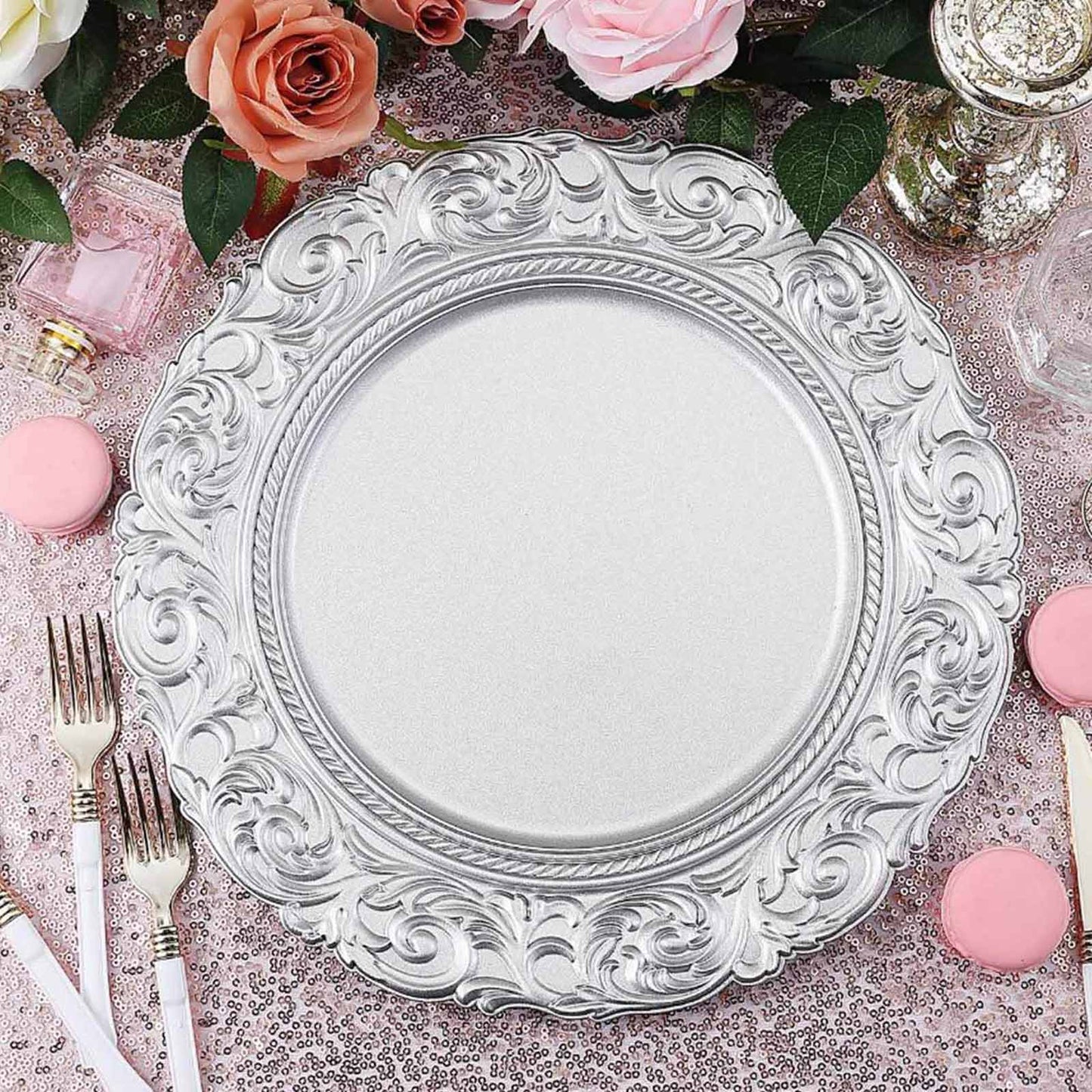 6 Pack 14" Silver Vintage Acrylic Charger Plates With Engraved Baroque Rim, Round Disposable Serving Trays Pro Linens