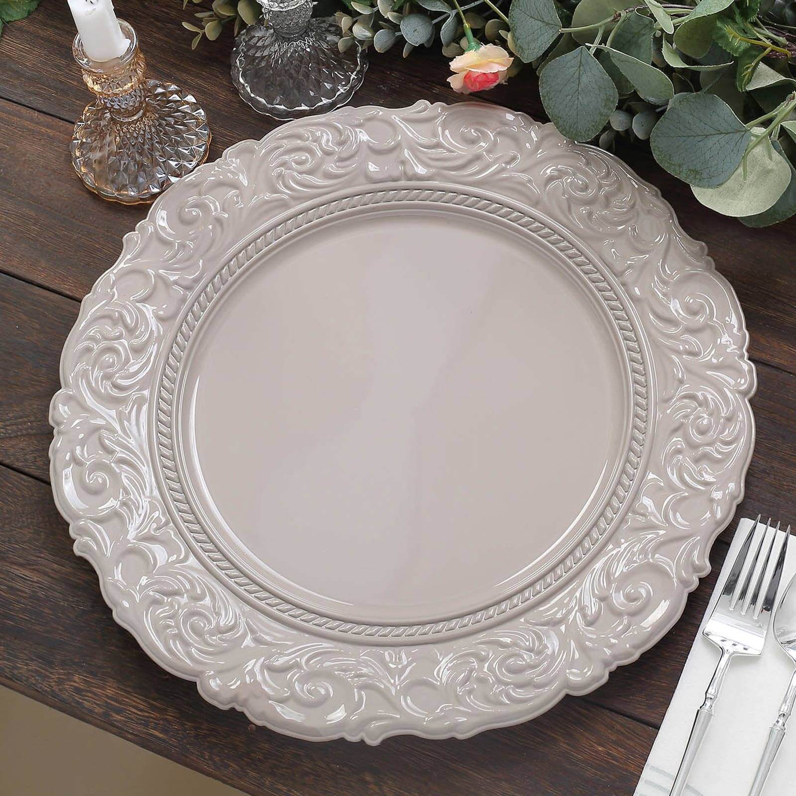 6 Pack 14" Taupe Vintage Acrylic Charger Plates With Engraved Baroque Rim, Round Disposable Serving Trays Pro Linens