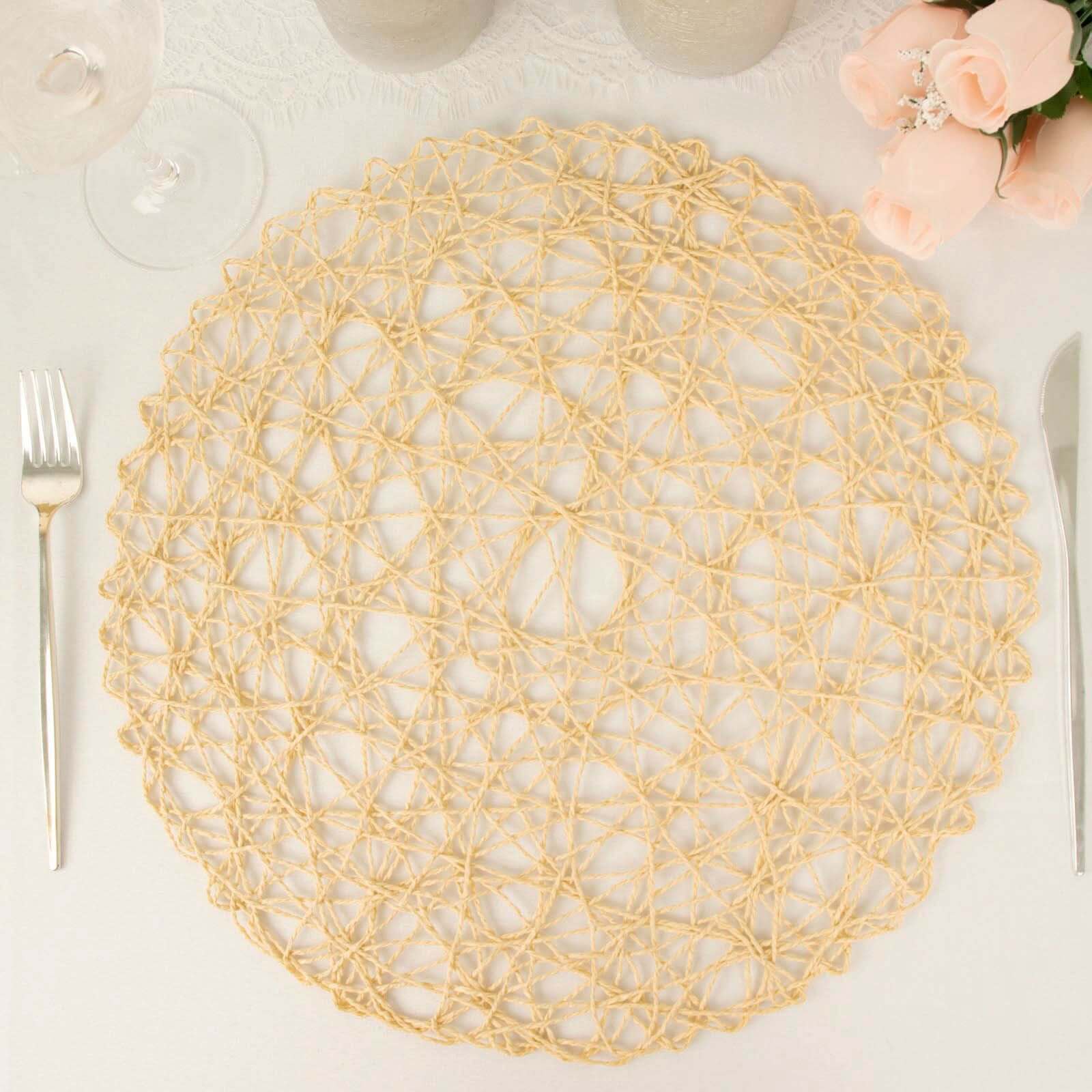 6 Pack 15" Beige Woven Fiber Disposable Placemats, Round Table Mats Pro Linens