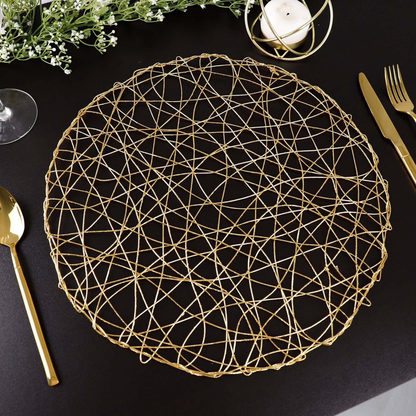 6 Pack 15" Gold Woven Fiber Disposable Placemats, Round Table Mats Pro Linens