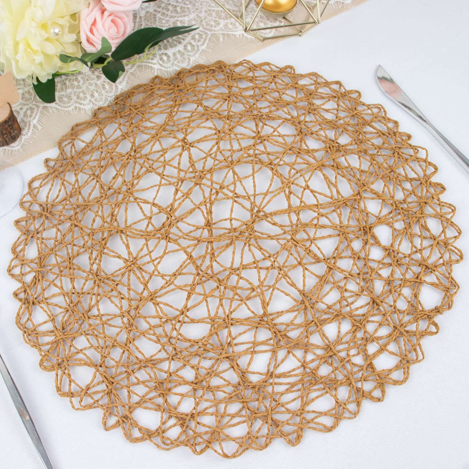 6 Pack 15" Natural Woven Fiber Disposable Placemats, Round Table Mats Pro Linens