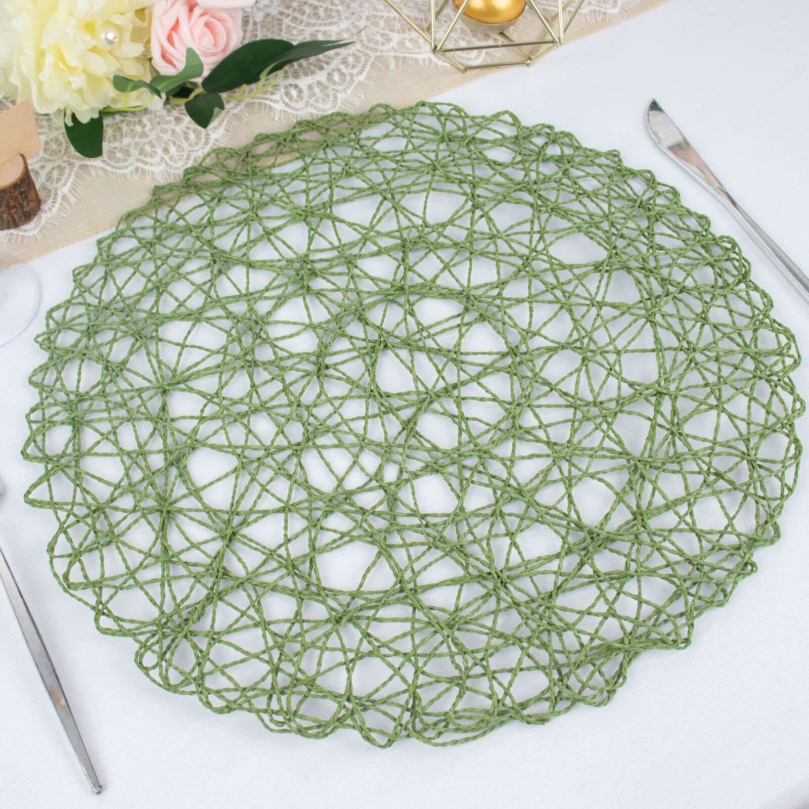 6 Pack 15" Olive Green Woven Fiber Disposable Placemats, Round Table Mats Pro Linens