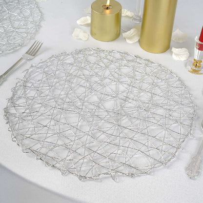 6 Pack 15" Silver Woven Fiber Disposable Placemats, Round Table Mats Pro Linens