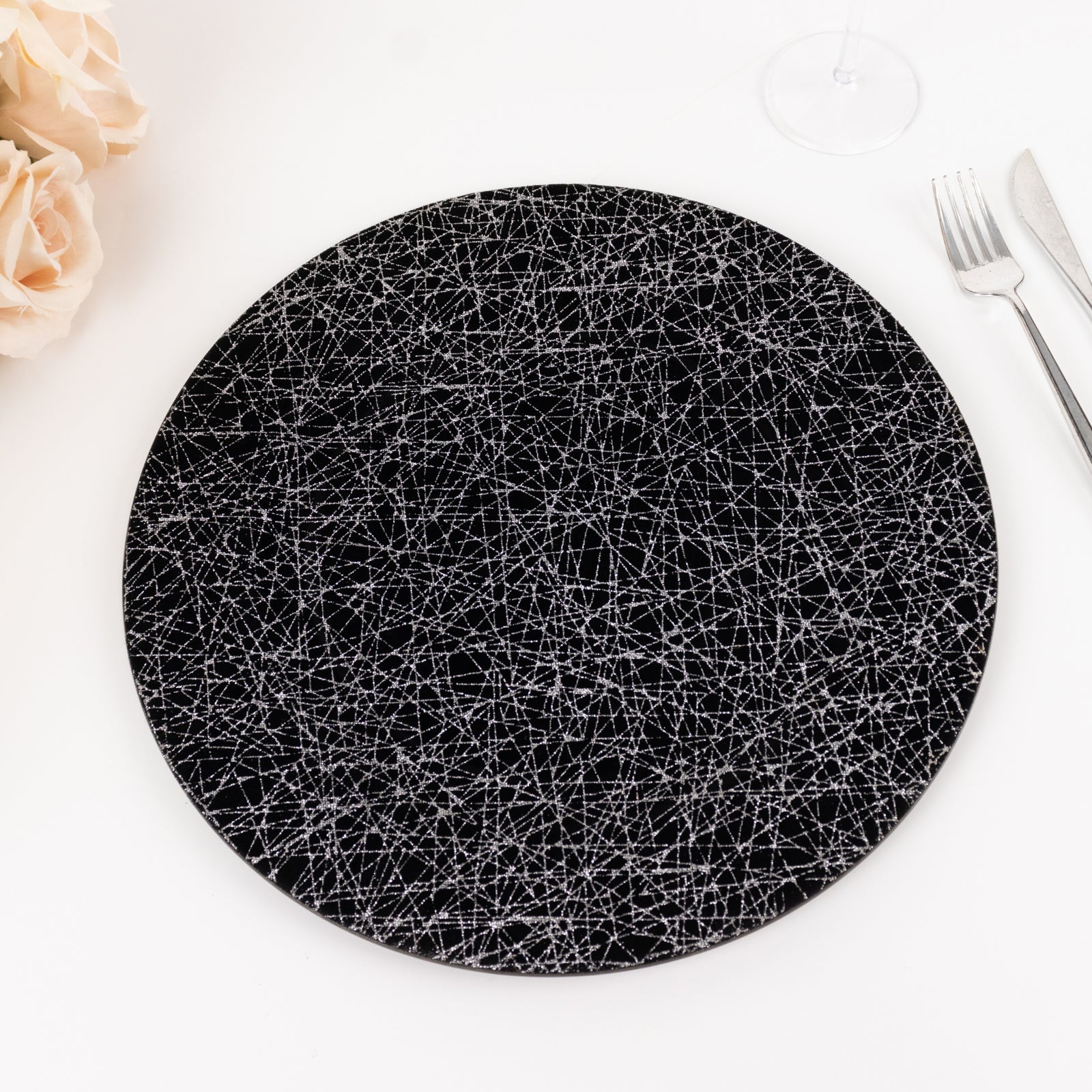 6 Pack Black Glitter Acrylic Charger Plates with Silver Abstract Lines Pattern, 13" Round Dinner Charger Event Tabletop Decor Pro Linens