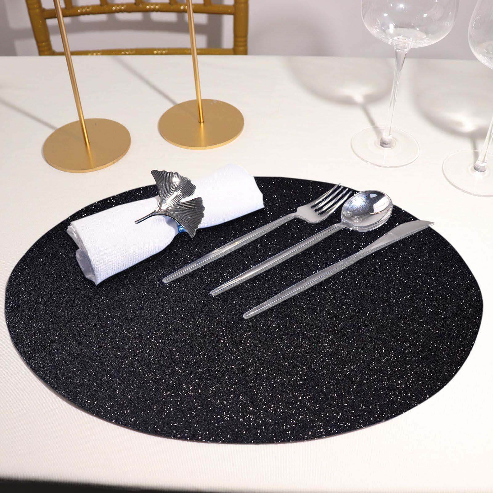 6 Pack Black Sparkle Vinyl Placemats, Non Slip Decorative Oval Glitter Table Mat Pro Linens