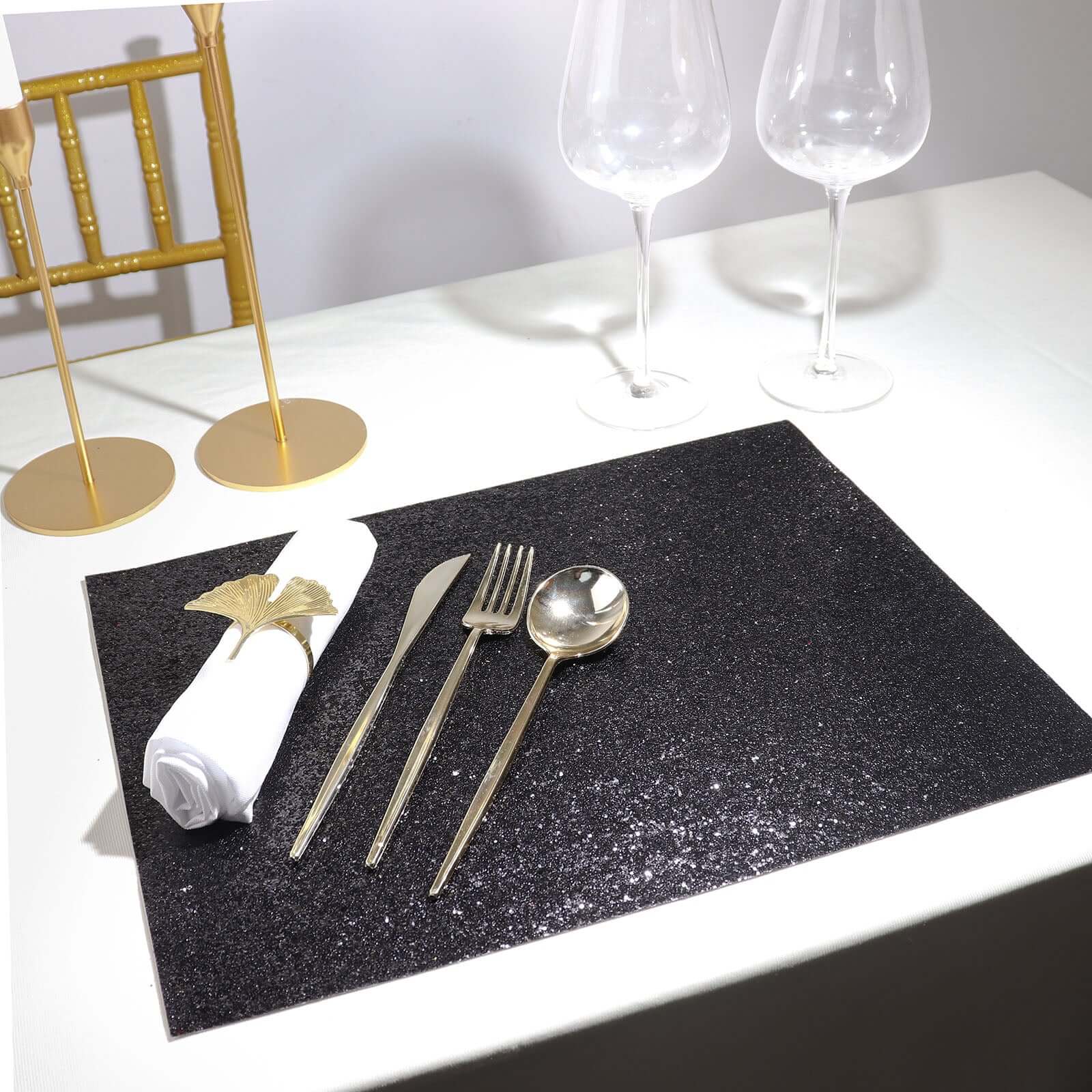 6 Pack Black Sparkle Vinyl Placemats, Non Slip Decorative Rectangle Glitter Table Mat Pro Linens