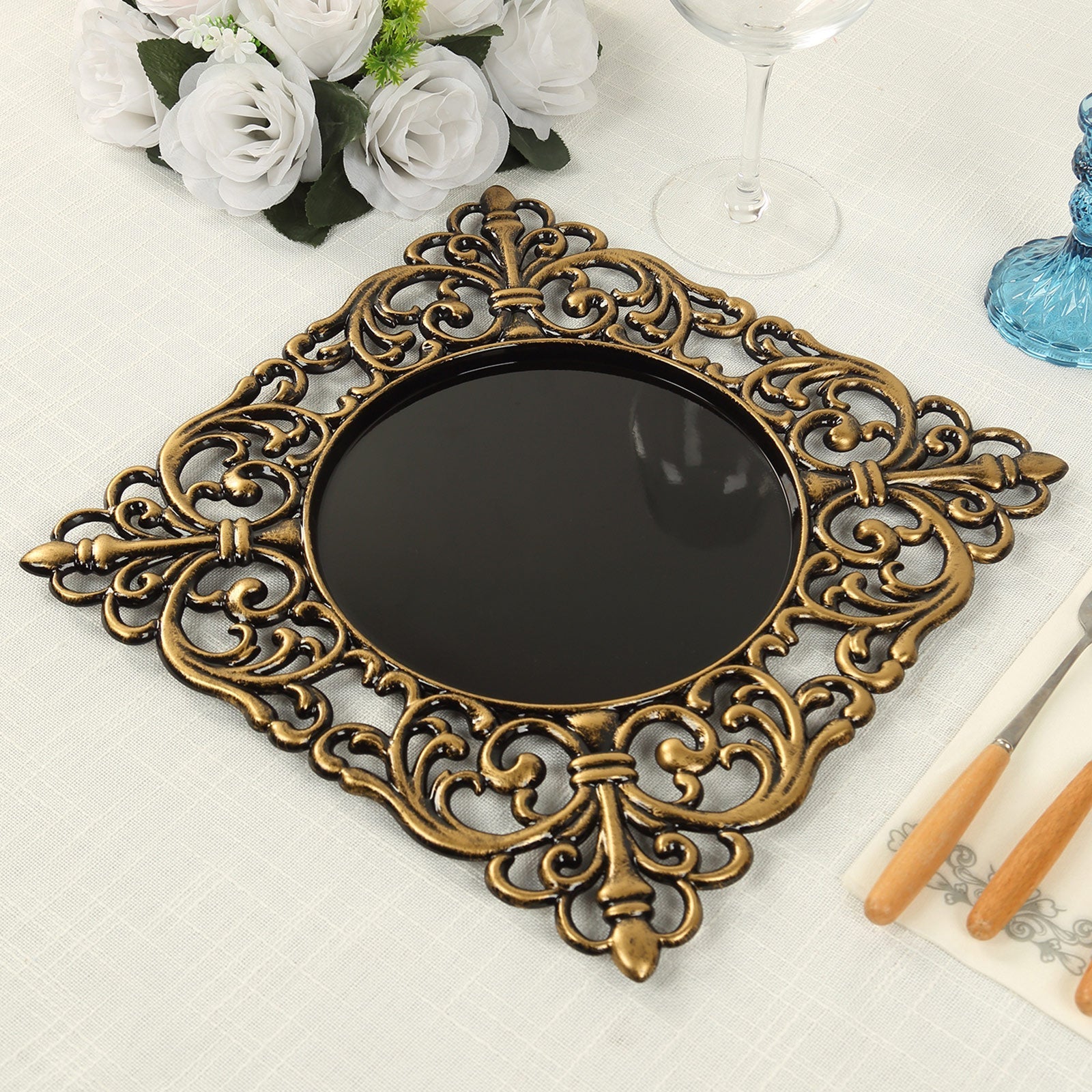 6 Pack Black Square Acrylic Charger Plates with Antique Gold Hollow Lace Border, 12" Dinner Chargers Event Tabletop Decor Pro Linens