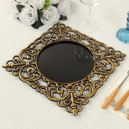 6 Pack Black Square Acrylic Charger Plates with Antique Gold Hollow Lace Border, 12" Dinner Chargers Event Tabletop Decor Pro Linens