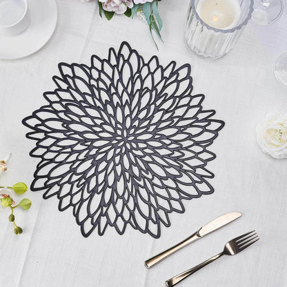 6 Pack Black Vinyl Placemats, Decorative Floral Non-Slip Round Dining Table Mats 15" Pro Linens