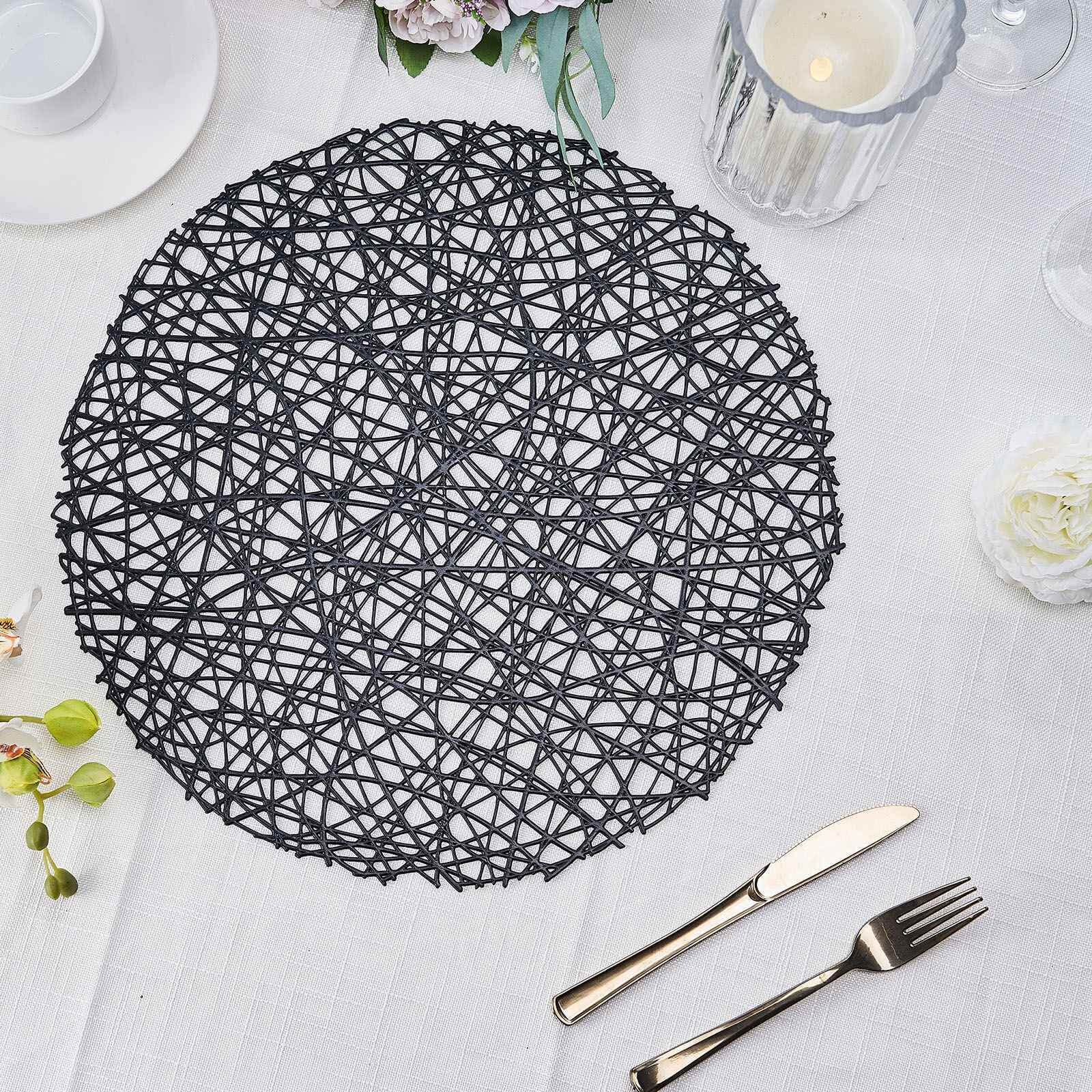 6 Pack Black Vinyl Placemats, Decorative Woven Non-Slip Round Table Mats 15" Pro Linens