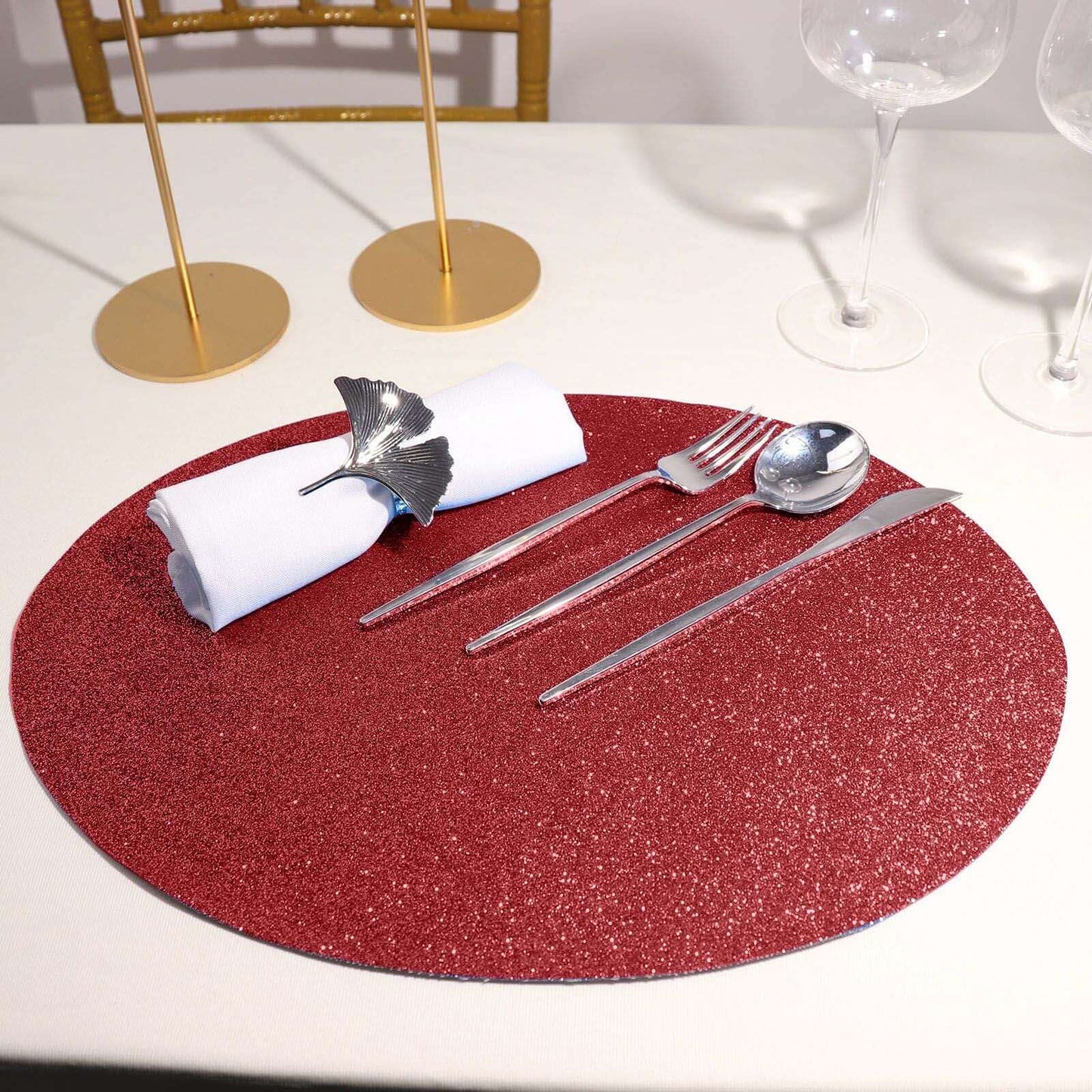 6 Pack Burgundy Sparkle Vinyl Placemats, Non Slip Decorative Oval Glitter Table Mat Pro Linens