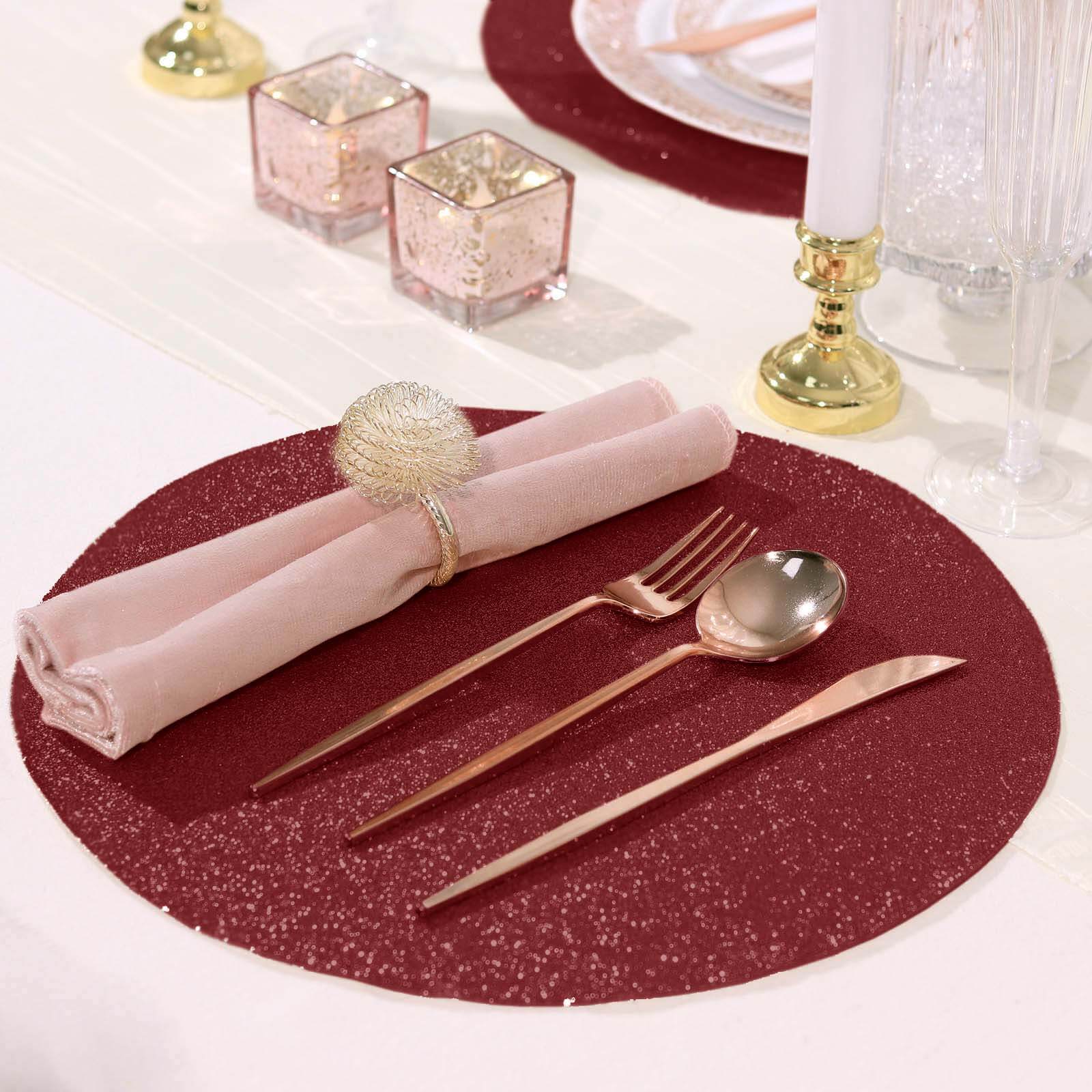 6 Pack Burgundy Sparkle Vinyl Placemats, Non Slip Decorative Round Glitter Table Mat Pro Linens