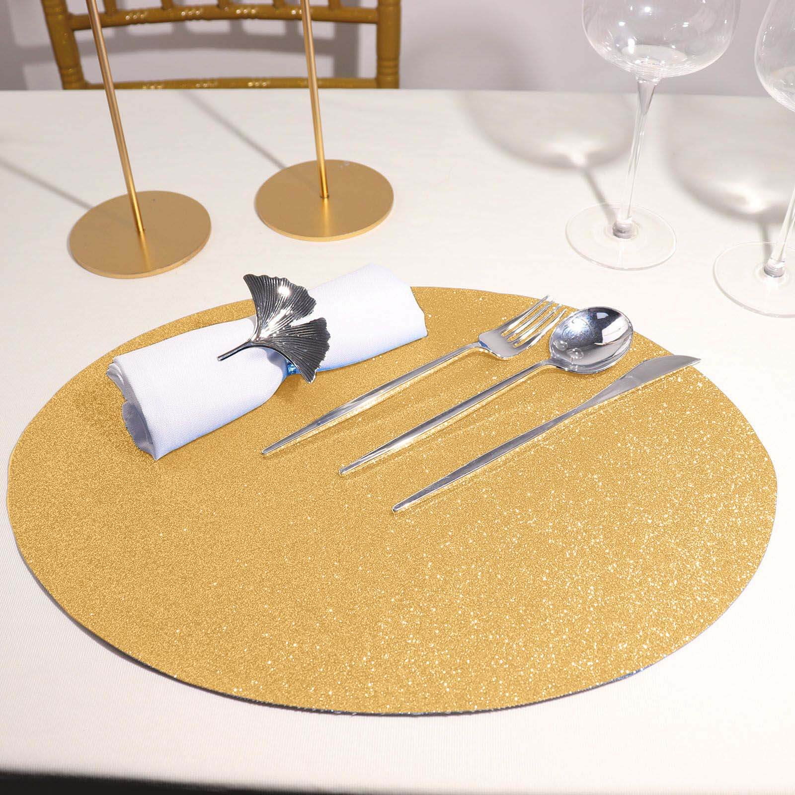 6 Pack Champagne Sparkle Vinyl Placemats, Non Slip Decorative Oval Glitter Table Mat Pro Linens