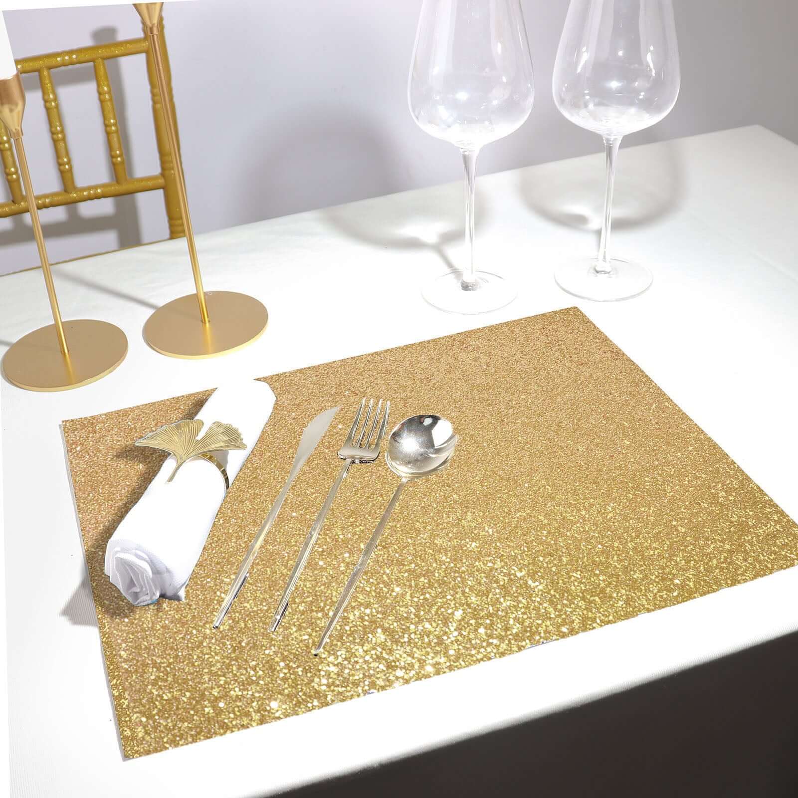 6 Pack Champagne Sparkle Vinyl Placemats, Non Slip Decorative Rectangle Glitter Table Mat Pro Linens