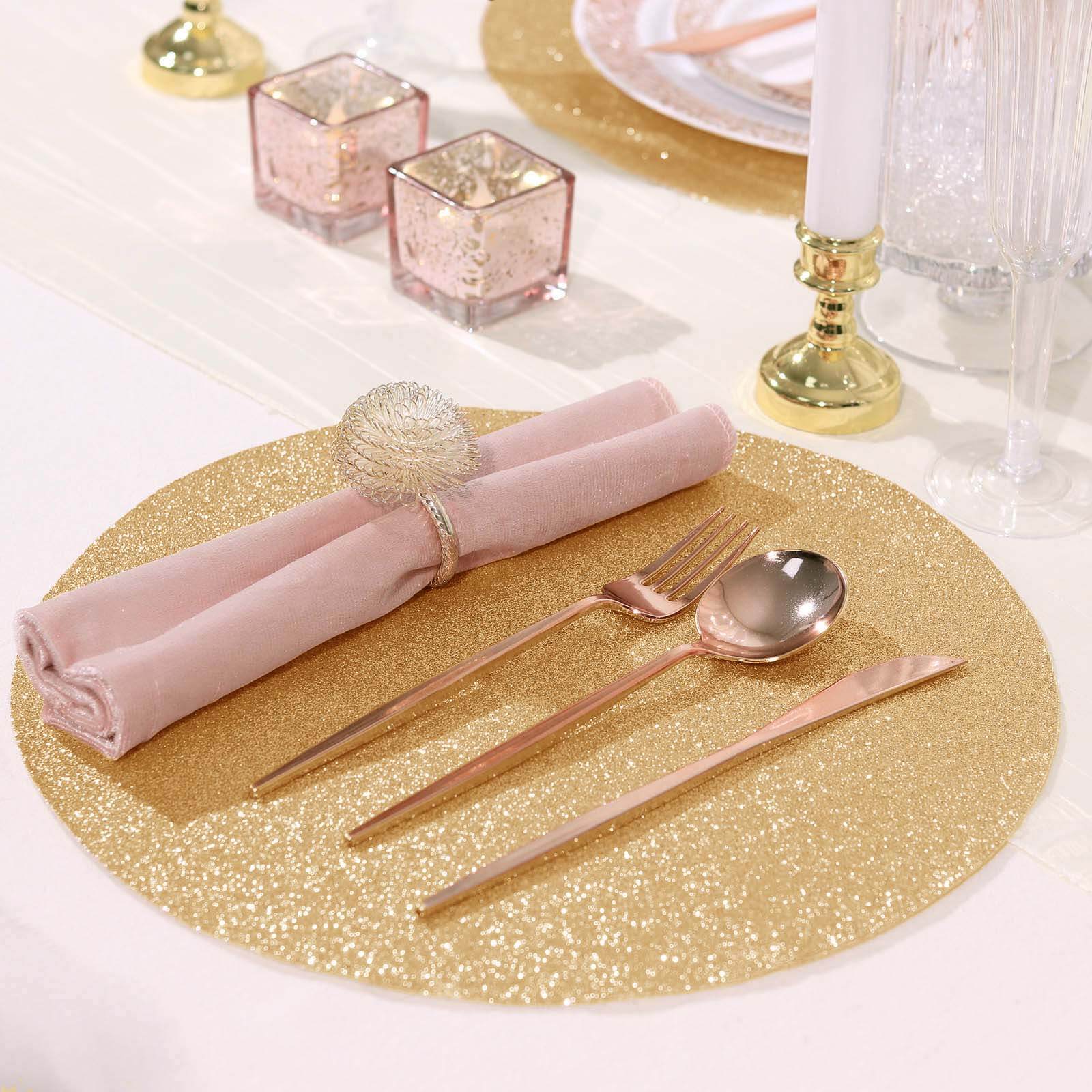 6 Pack Champagne Sparkle Vinyl Placemats, Non Slip Decorative Round Glitter Table Mat Pro Linens