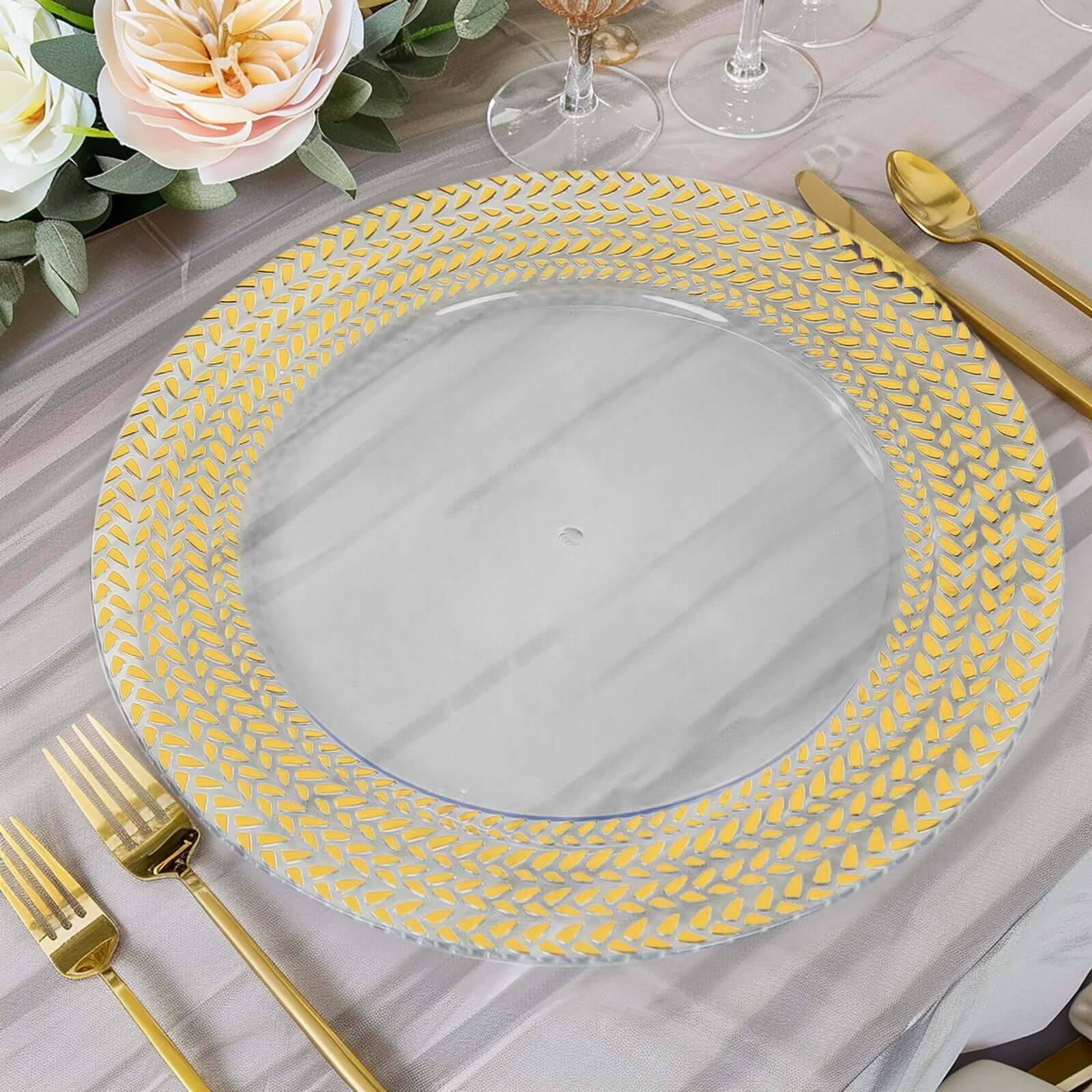 6 Pack Clear Acrylic Charger Plates With Wheat Pattern Gold Rim, 13" Round Dinner Chargers Event Tabletop Decor Pro Linens