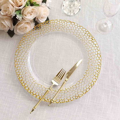 6 Pack Clear Acrylic Round Charger Plates With Gold Hammered Rim, 13" Plastic Decorative Serving Plates Pro Linens