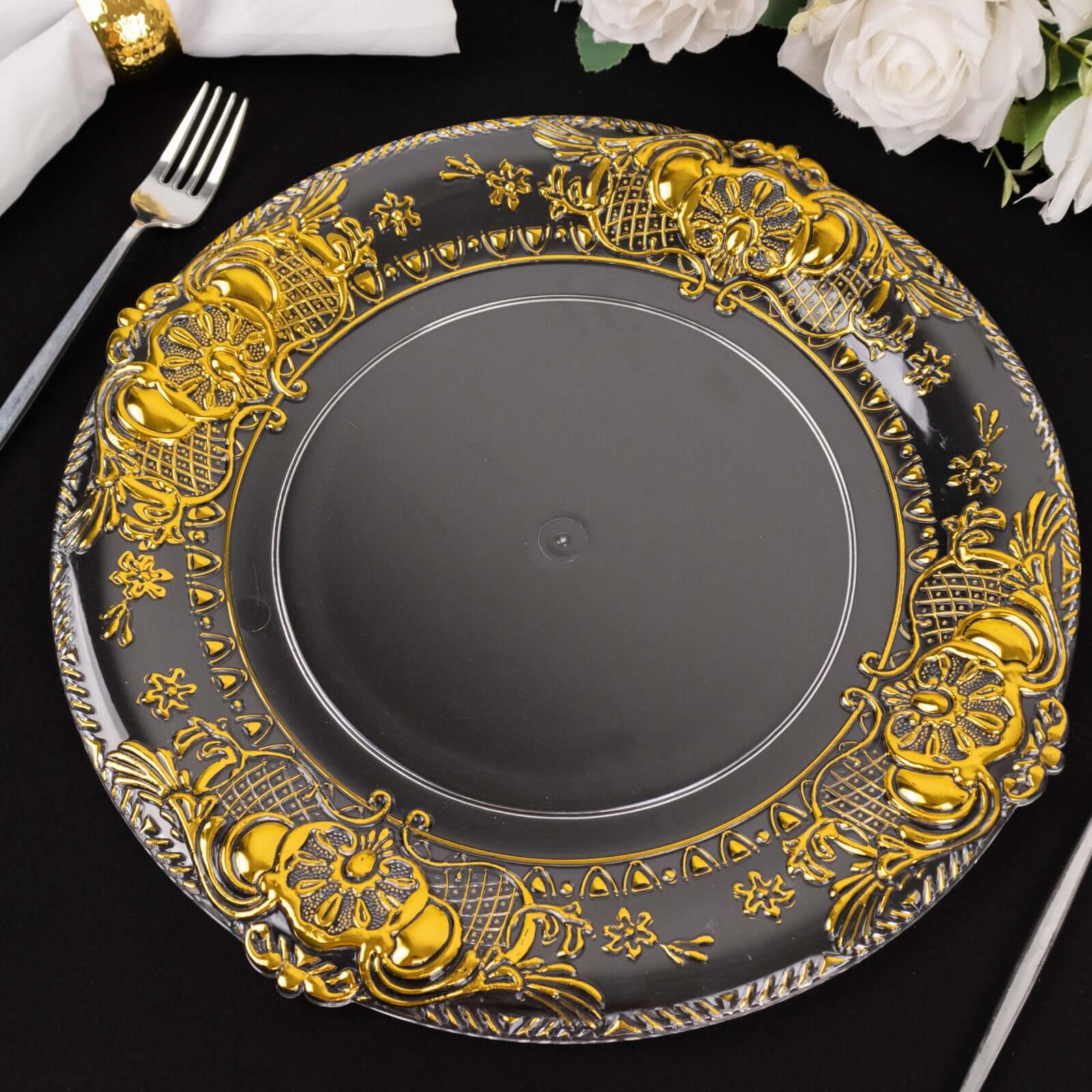 6 Pack Clear Decorative Charger Plates With Gold Florentine Style Embossed Rim, 13" Round Plastic Dinner Serving Trays Pro Linens