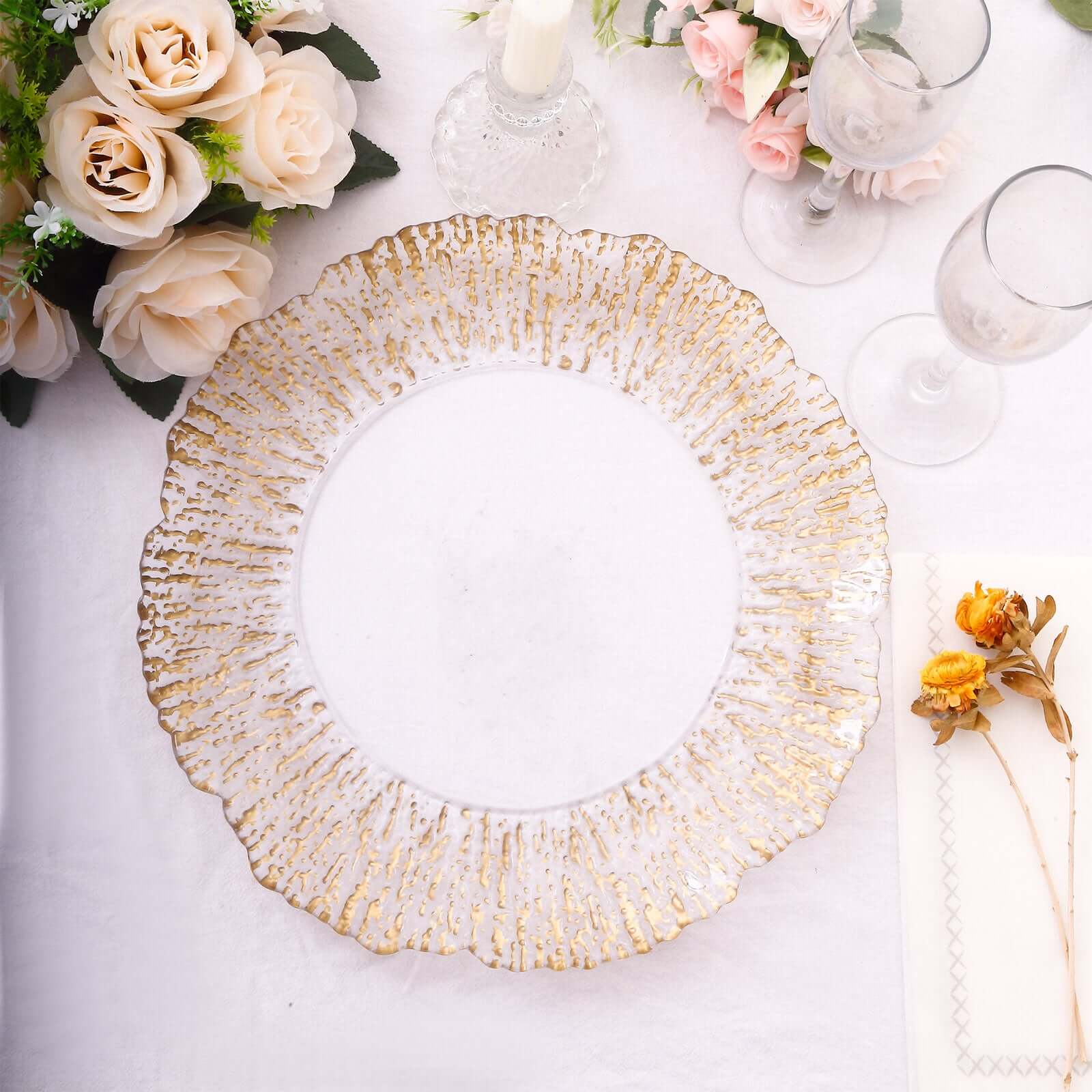 6 Pack Clear Disposable Charger Plates With Gold Reef Rim, 12" Round Scalloped Plastic Serving Plates Pro Linens