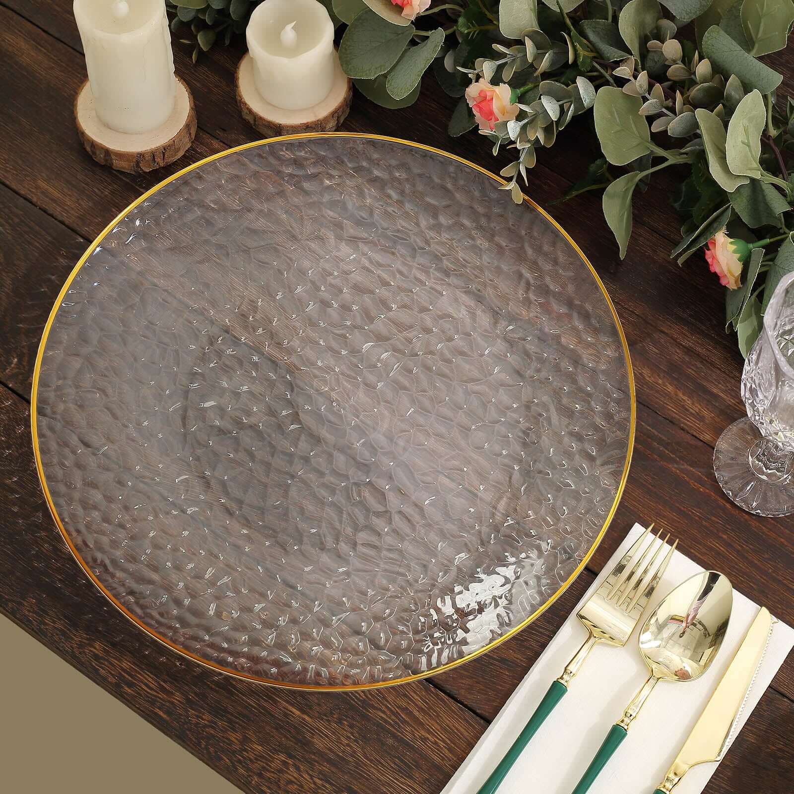 6 Pack Clear Hammered Economy Plastic Charger Plates With Gold Rim, 13" Round Dinner Chargers Event Tabletop Decor Pro Linens