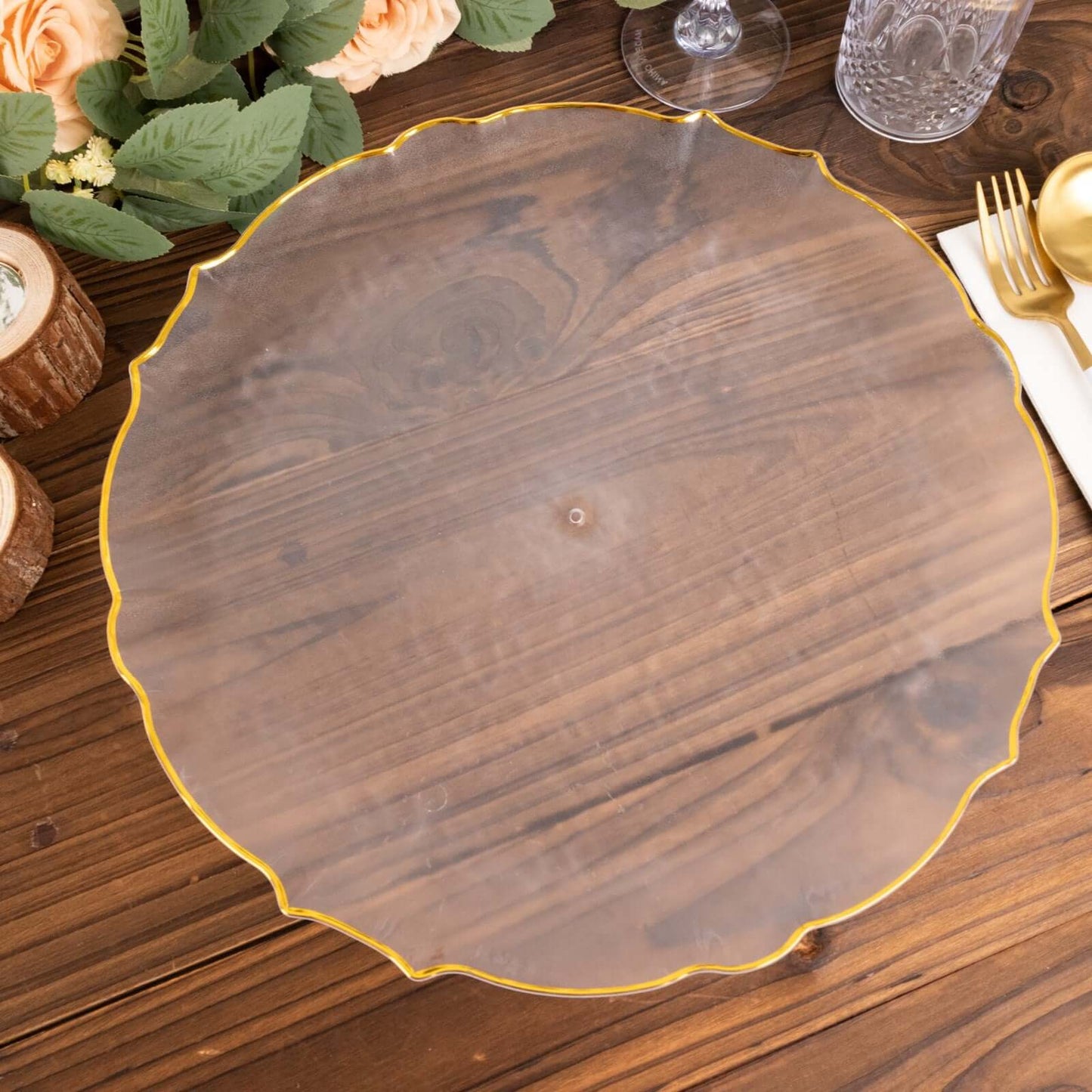 6 Pack Clear Sunflower Economy Plastic Charger Plates with Gold Scalloped Rim, 13" Round Decorative Dinner Serving Trays Pro Linens