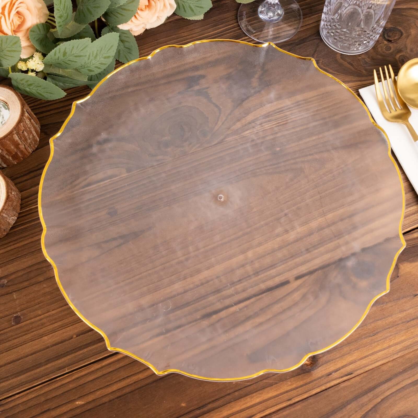 6 Pack Clear Sunflower Economy Plastic Charger Plates with Gold Scalloped Rim, 13" Round Decorative Dinner Serving Trays Pro Linens