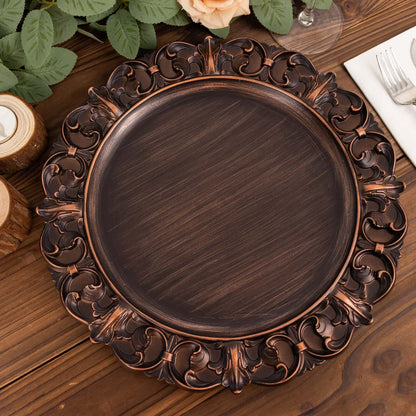 6 Pack Dark Brown Retro Baroque Acrylic Charger Plates With Ornate Embossed Rim, 13" Round Aristocrat Style Plastic Serving Plates Pro Linens