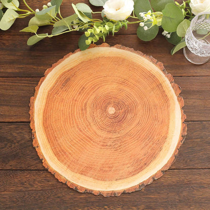 6 Pack Farmhouse Natural Wood Slice Print Disposable Dining Table Mats, 13" Round Cardstock Paper Placemats - 700 GSM Pro Linens