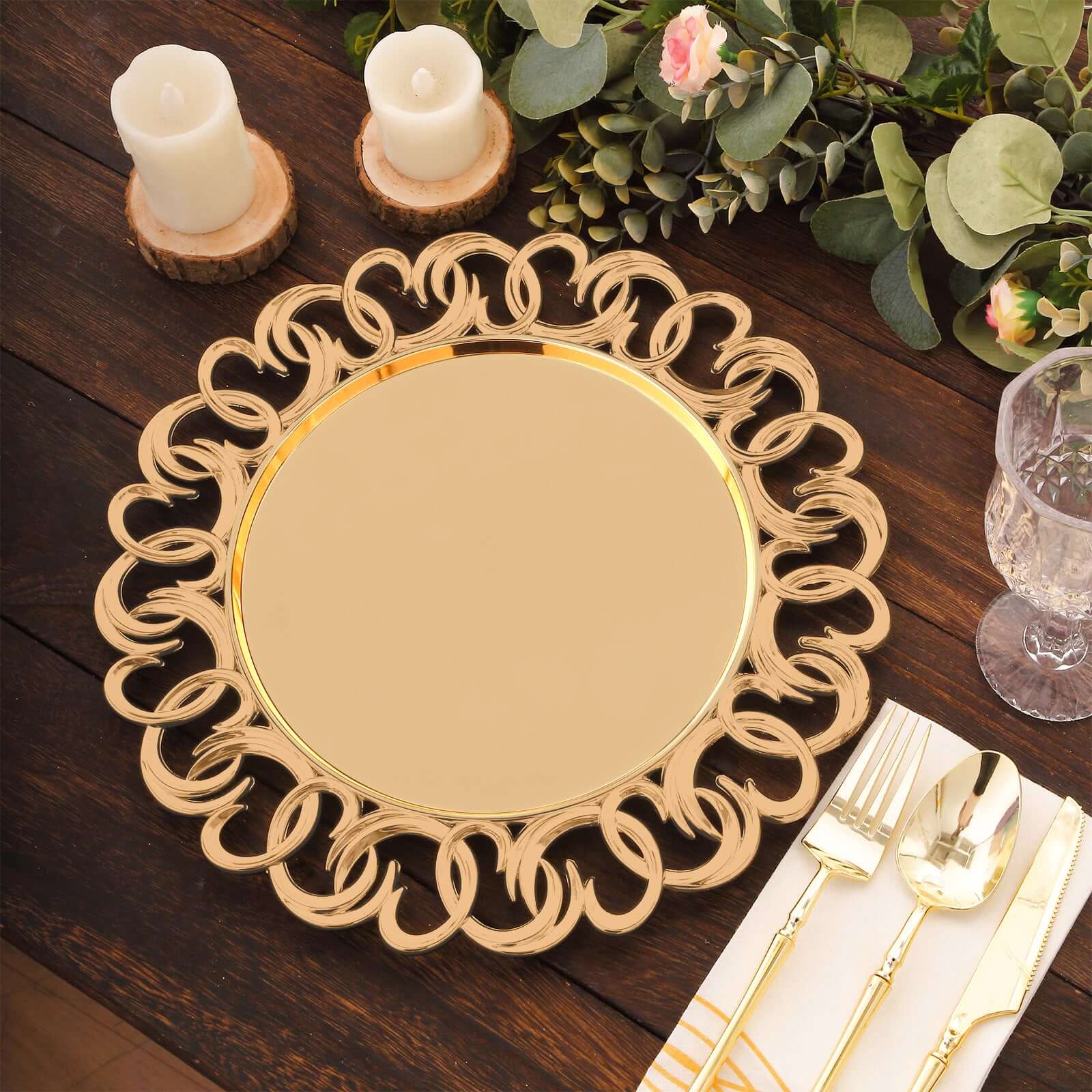 6 Pack Gold Disposable Charger Plates With Entwined Swirl Rim, 13" Round Plastic Serving Plates Pro Linens