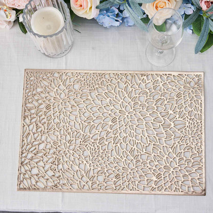 6 Pack Gold Metallic Vinyl Placemats, Floral Non-Slip Rectangle Dining Table Mats 12"x18" Pro Linens