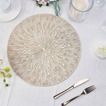 6 Pack Gold Metallic Vinyl Placemats, Non-Slip Spiked Design Round Table Mats 15" Pro Linens