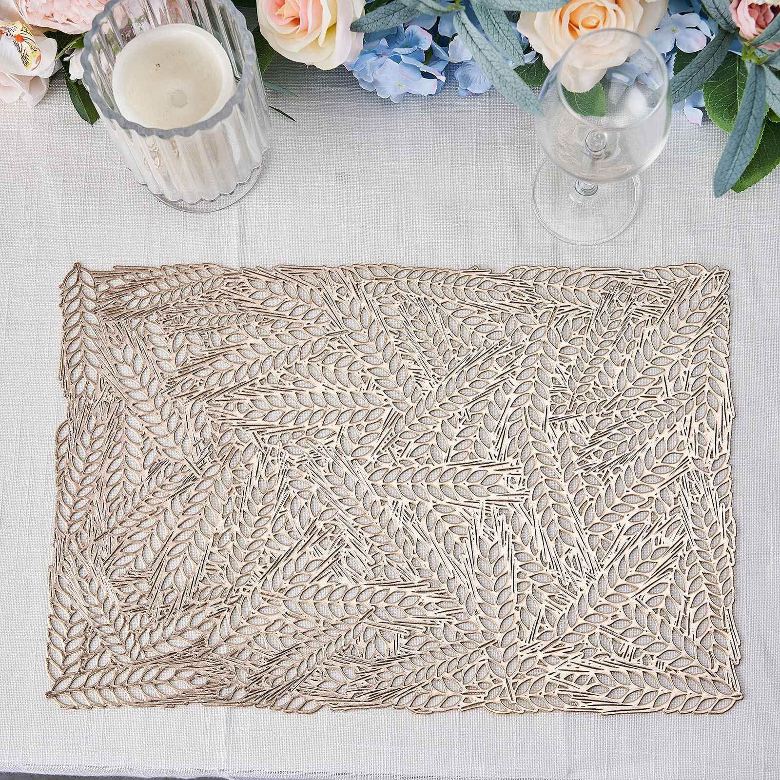 6 Pack Gold Metallic Vinyl Placemats, Non-Slip Wheat Design Rectangle Table Mats 12"x18" Pro Linens