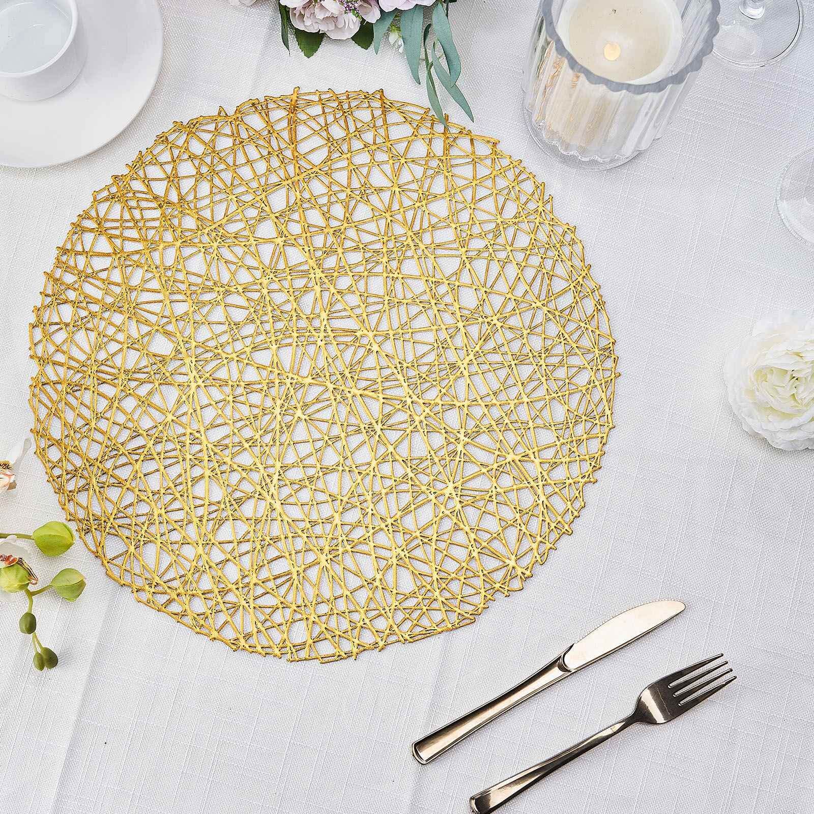 6 Pack Gold Metallic Vinyl Placemats, Woven Non-Slip Round Table Mats 15" Pro Linens