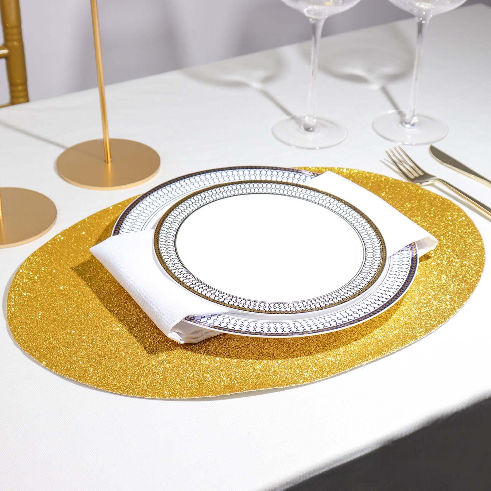 6 Pack Gold Sparkle Vinyl Placemats, Non Slip Decorative Oval Glitter Table Mat Pro Linens