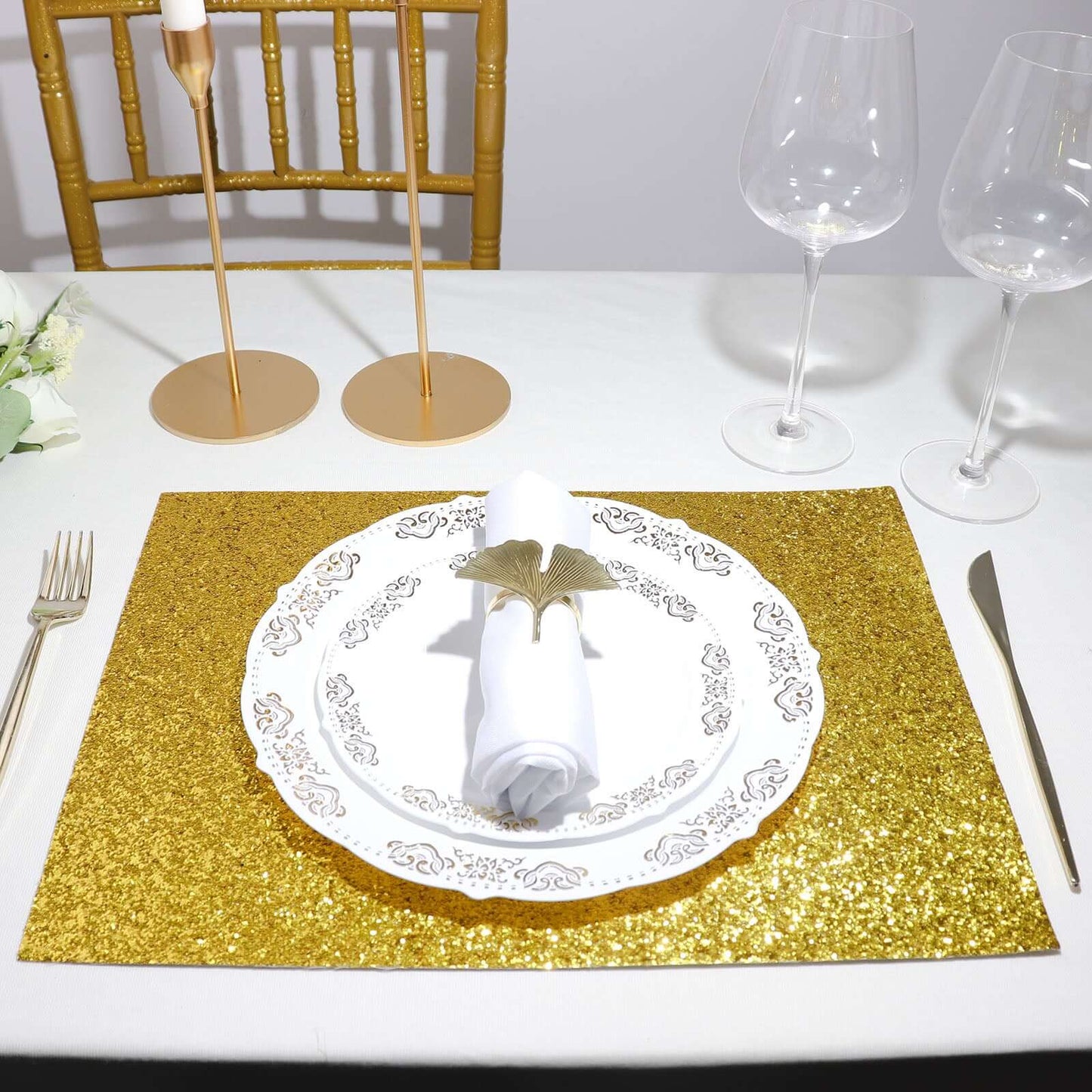 6 Pack Gold Sparkle Vinyl Placemats, Non Slip Decorative Rectangle Glitter Table Mat Pro Linens