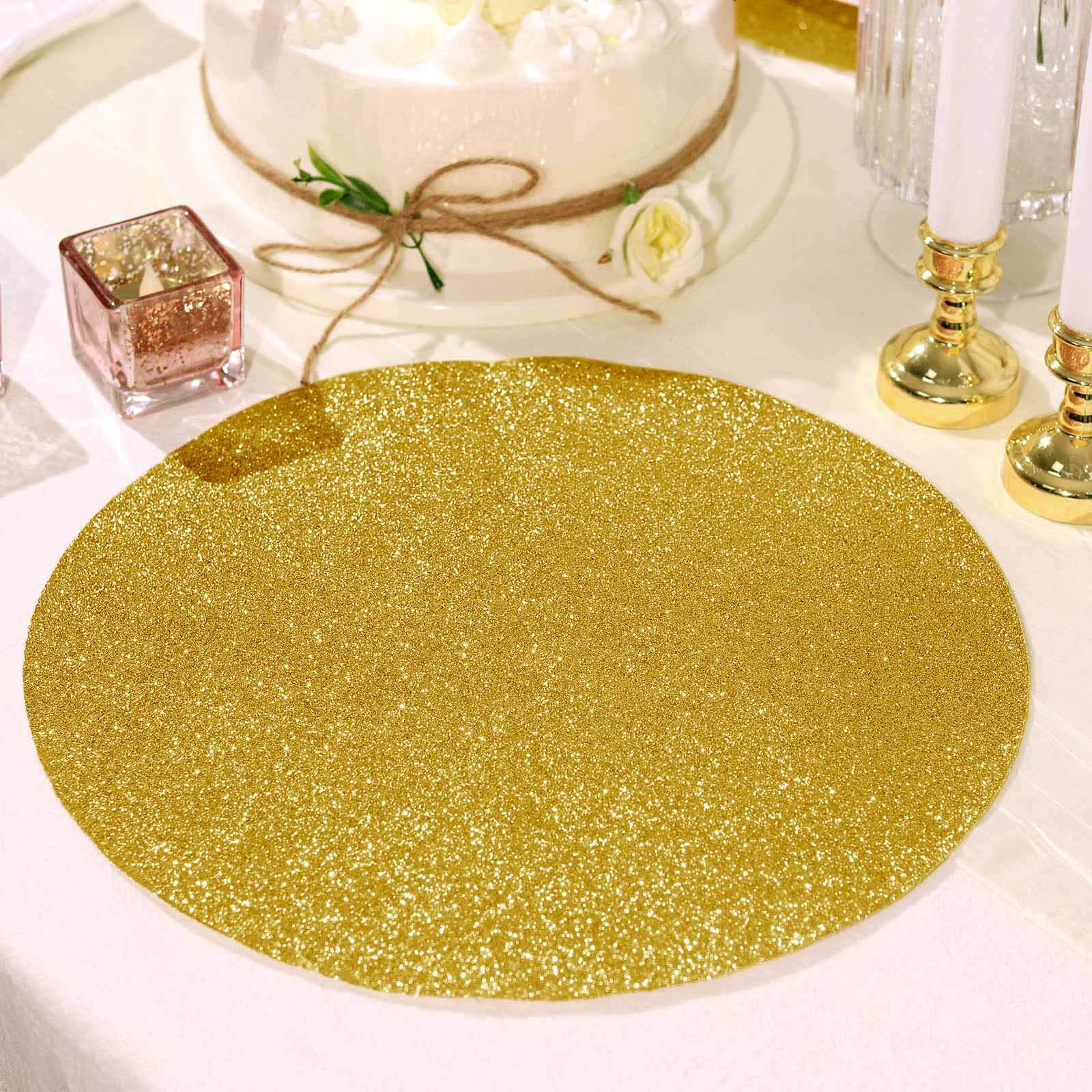 6 Pack Gold Sparkle Vinyl Placemats, Non Slip Decorative Round Glitter Table Mat Pro Linens