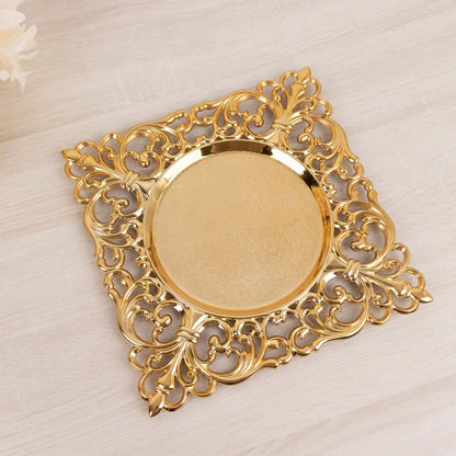 6 Pack Gold Square Acrylic Charger Plates with Hollow Lace Border, 12" Dinner Chargers Event Tabletop Decor Pro Linens