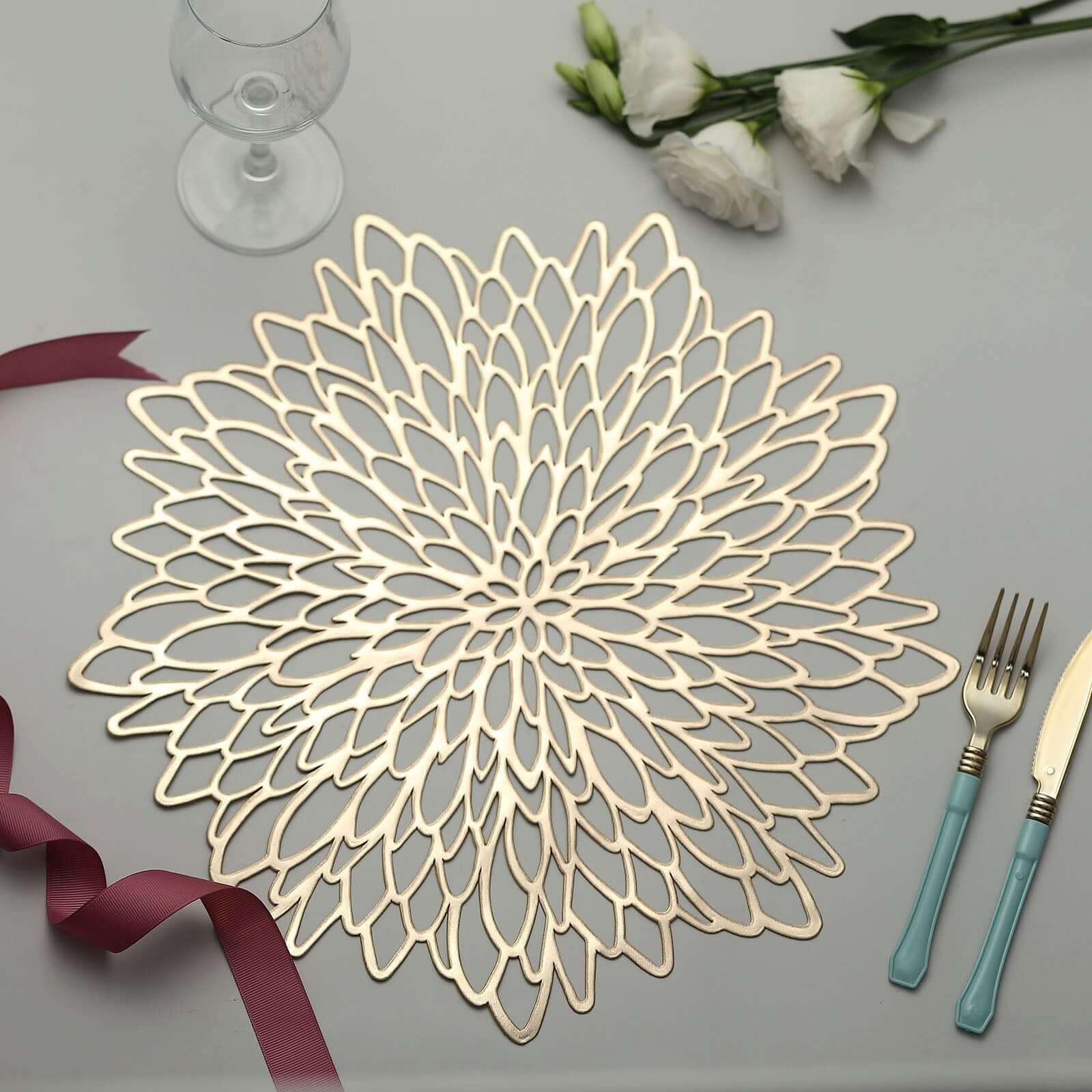 6 Pack Gold Vinyl Placemats, Decorative Floral Non-Slip Round Dining Table Mats 15" Pro Linens