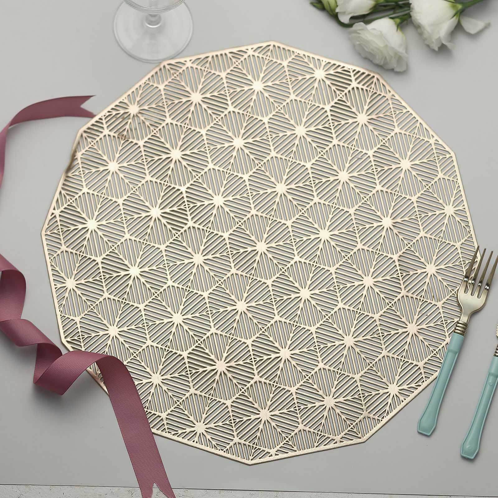 6 Pack Gold Vinyl Placemats, Geometric Woven Non-Slip Dining Table Mats 15" Pro Linens