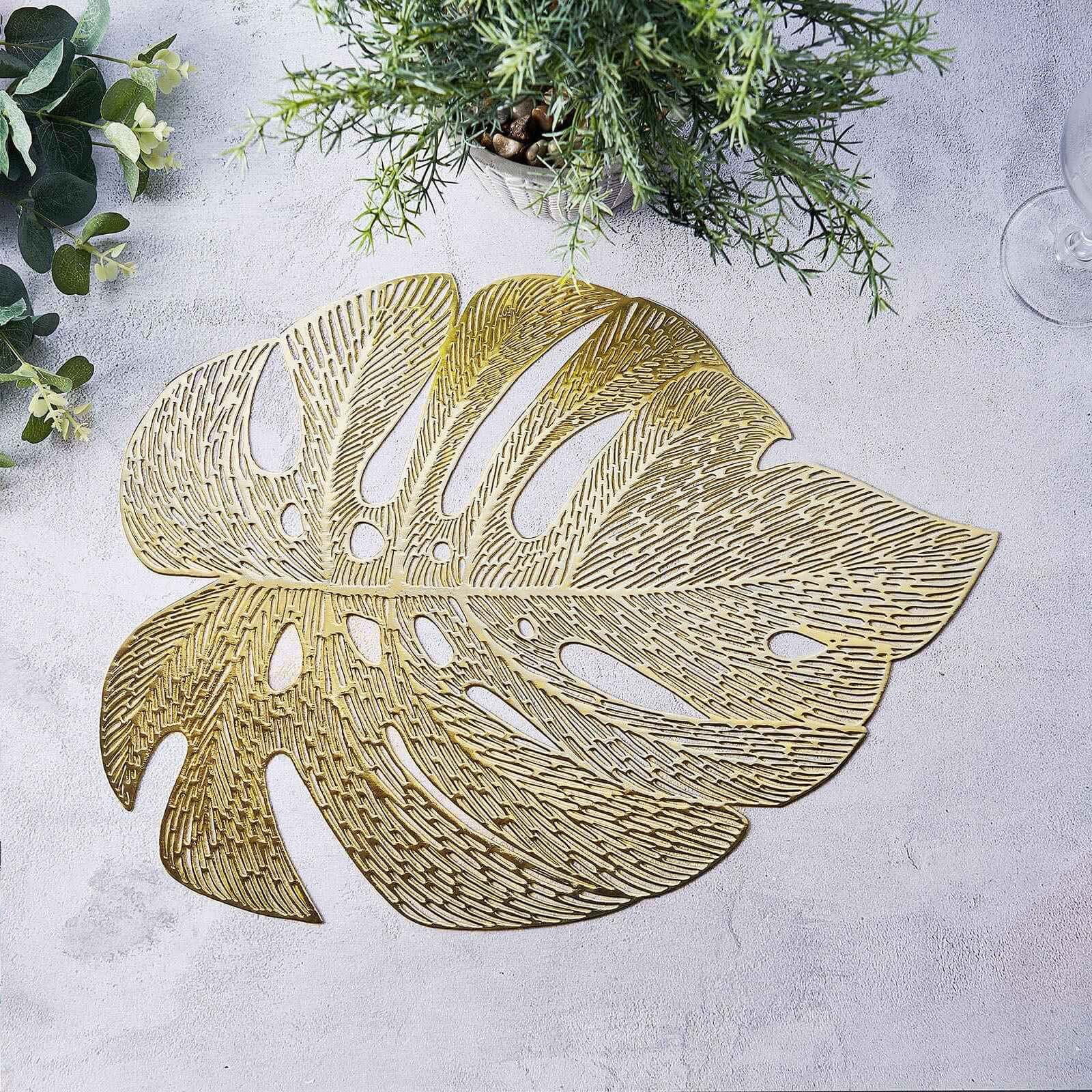 6 Pack Gold Vinyl Placemats, Monstera Leaf Non-Slip Dining Table Mats 18" Pro Linens