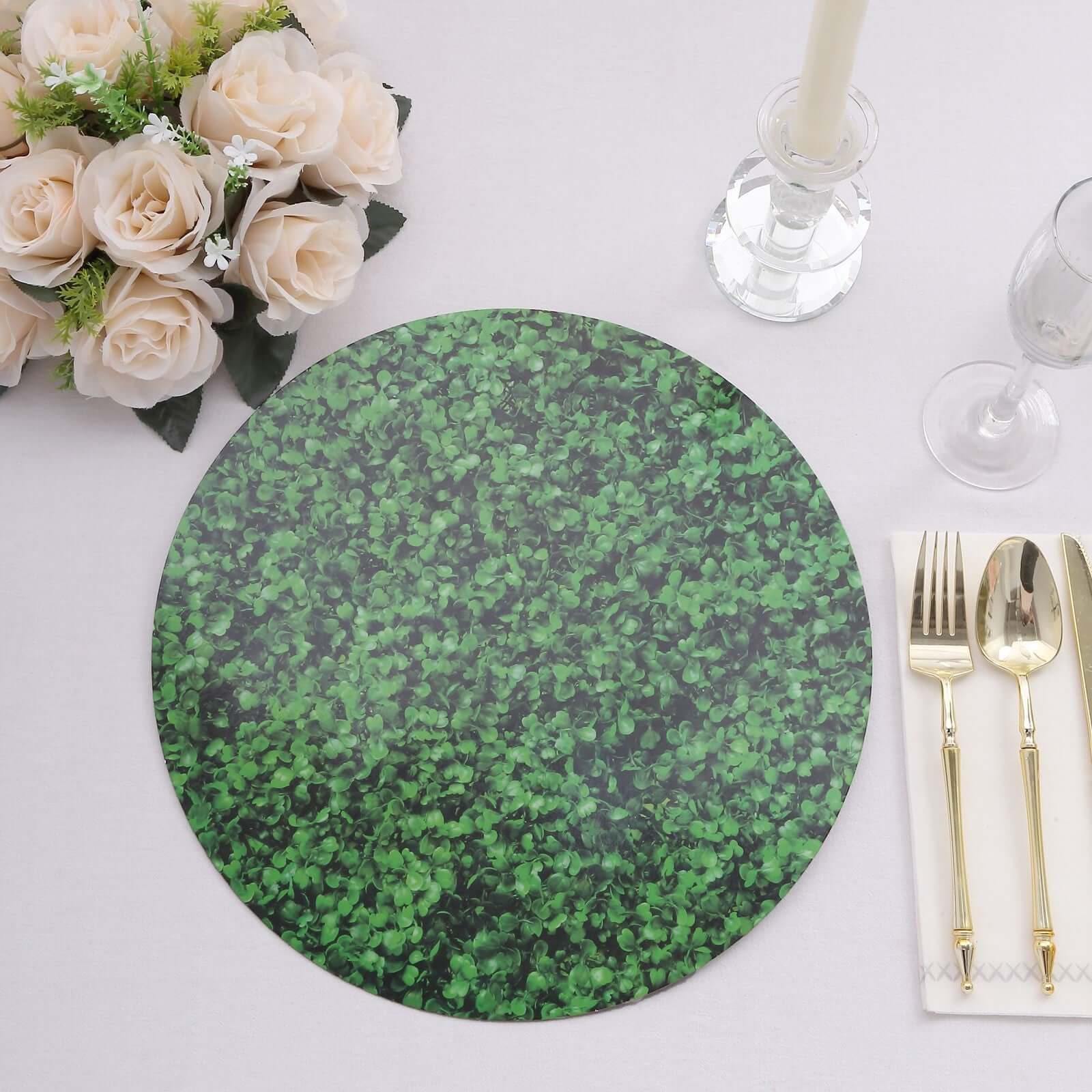 6 Pack Green Boxwood Leaf Print Disposable Dining Table Mats, 13" Round Cardstock Paper Placemats - 700 GSM Pro Linens