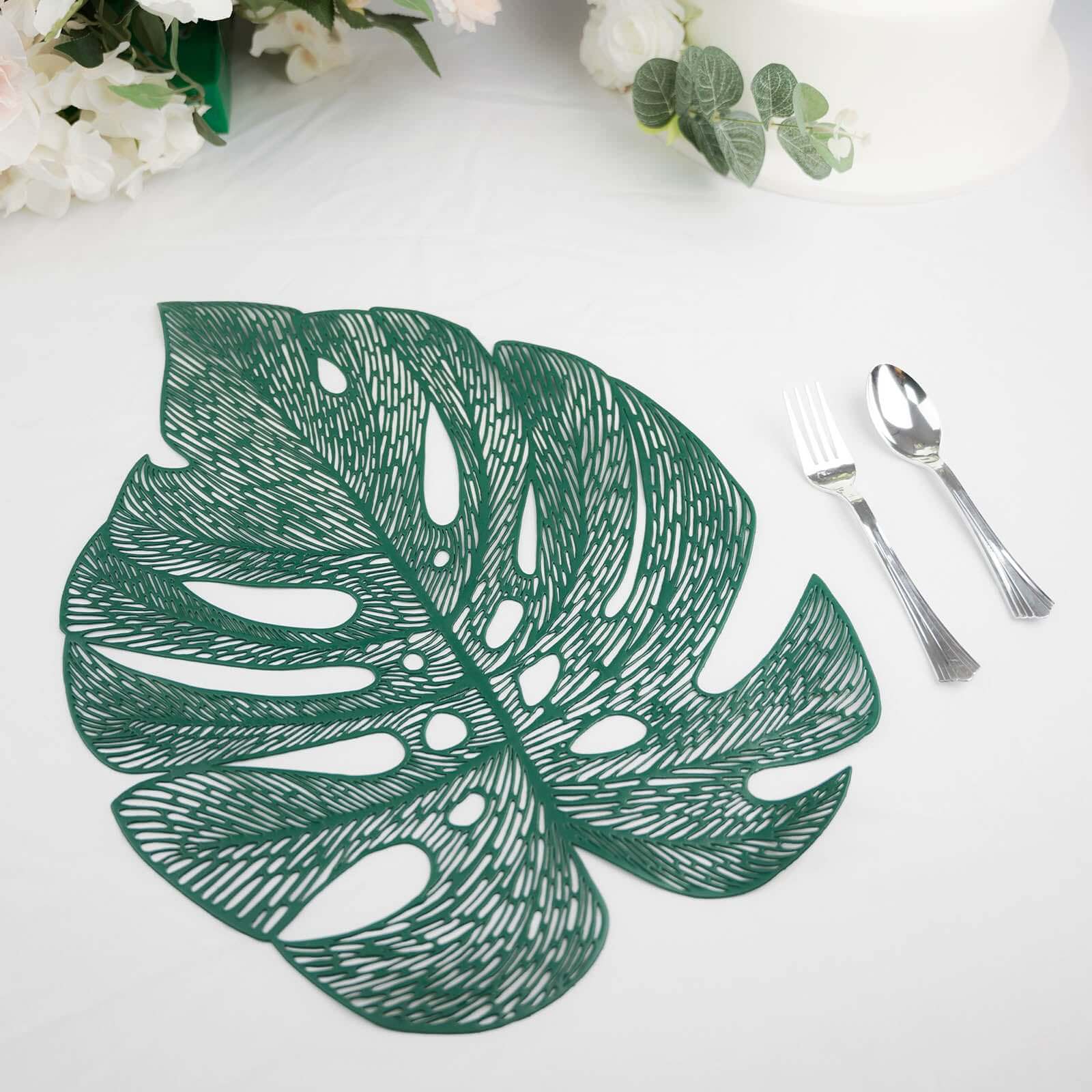 6 Pack Green Vinyl Placemats, Monstera Leaf Non-Slip Dining Table Mats 18" Pro Linens